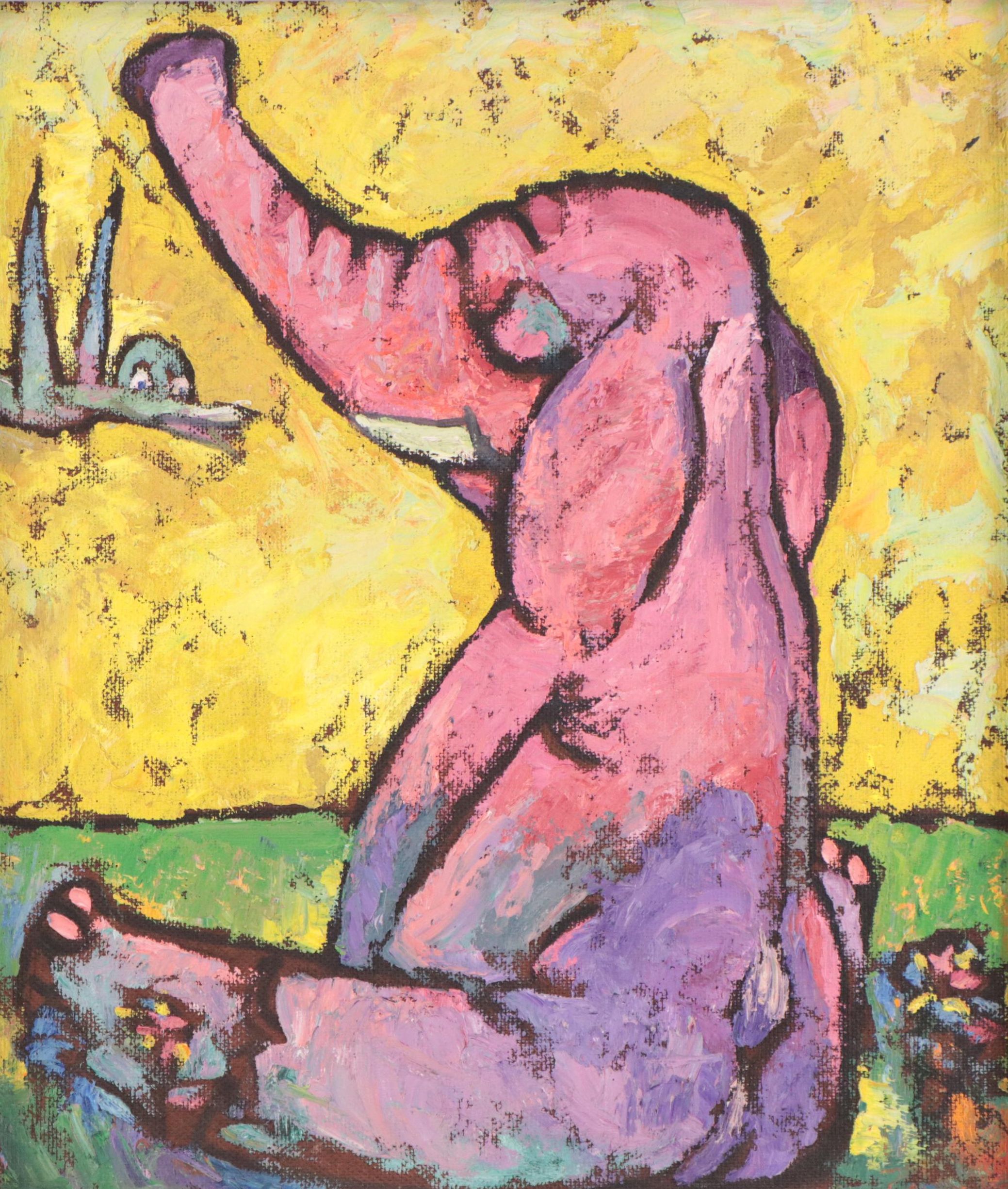 H. Ray Baker Surreal Oil Painting of Elephant and Bird