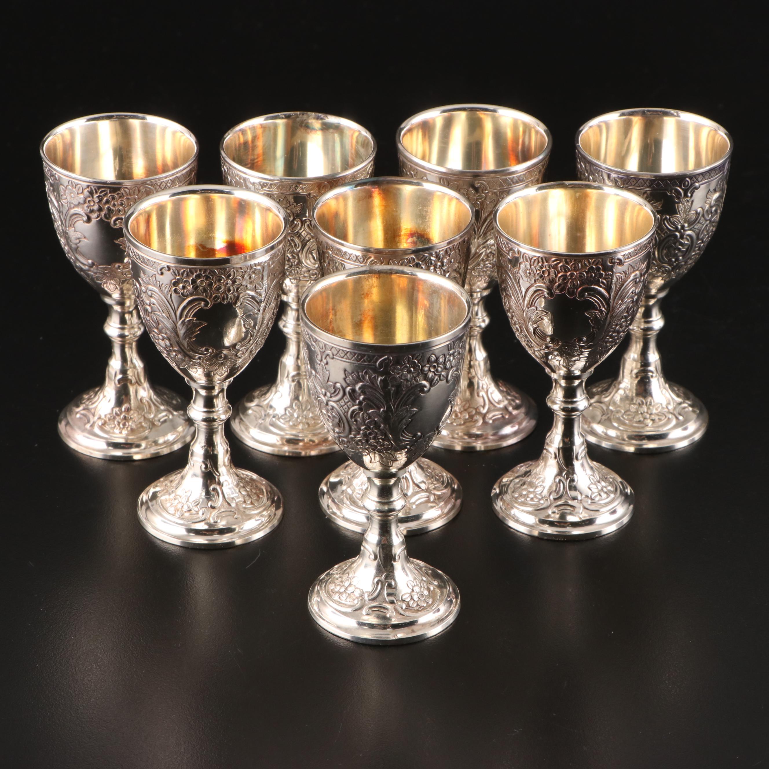 Rococo Style Silver Plate Cordial Glasses, Mid to Late 20th Century