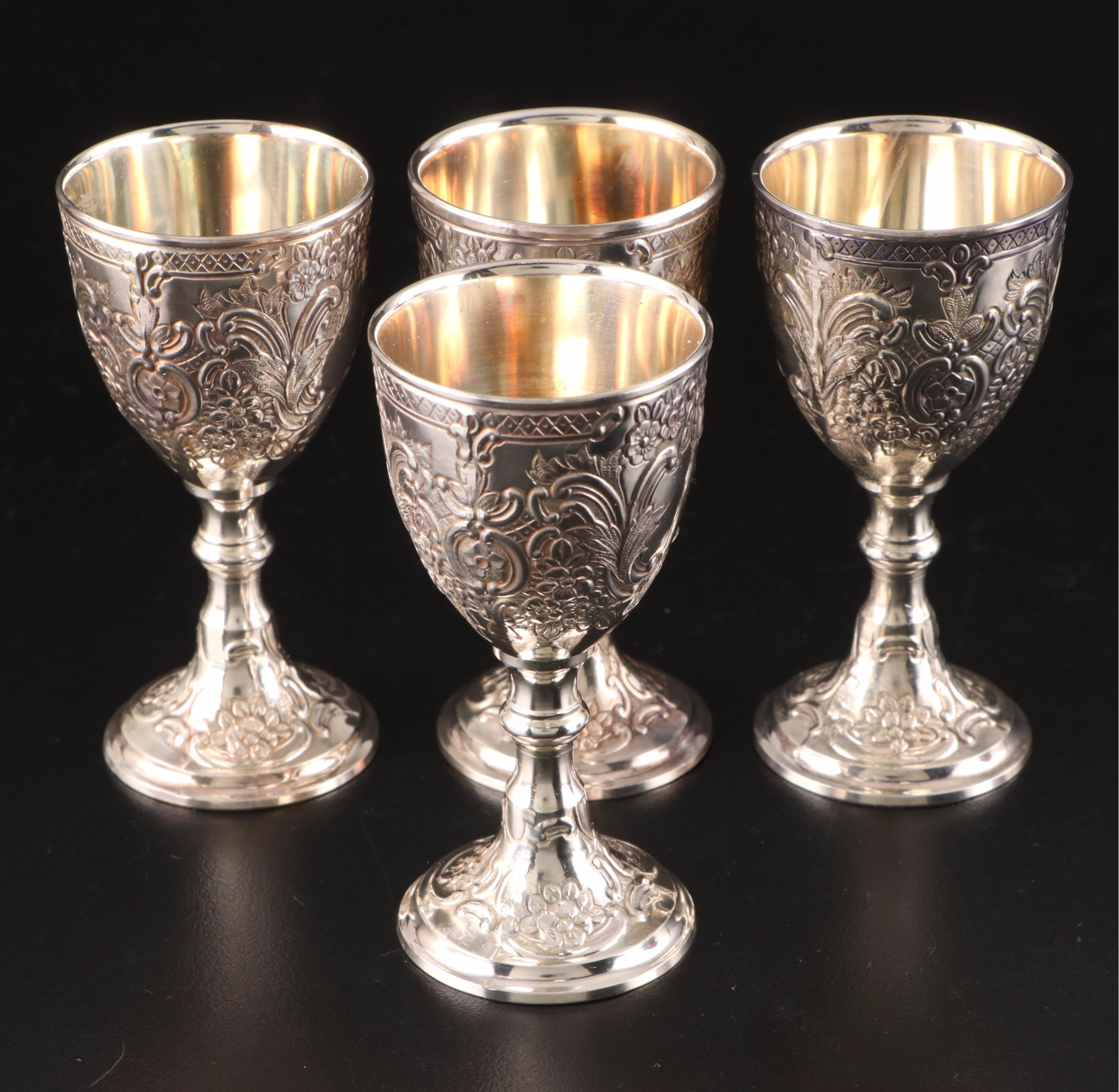 Rococo Style Silver Plate Cordial Glasses, Mid to Late 20th Century
