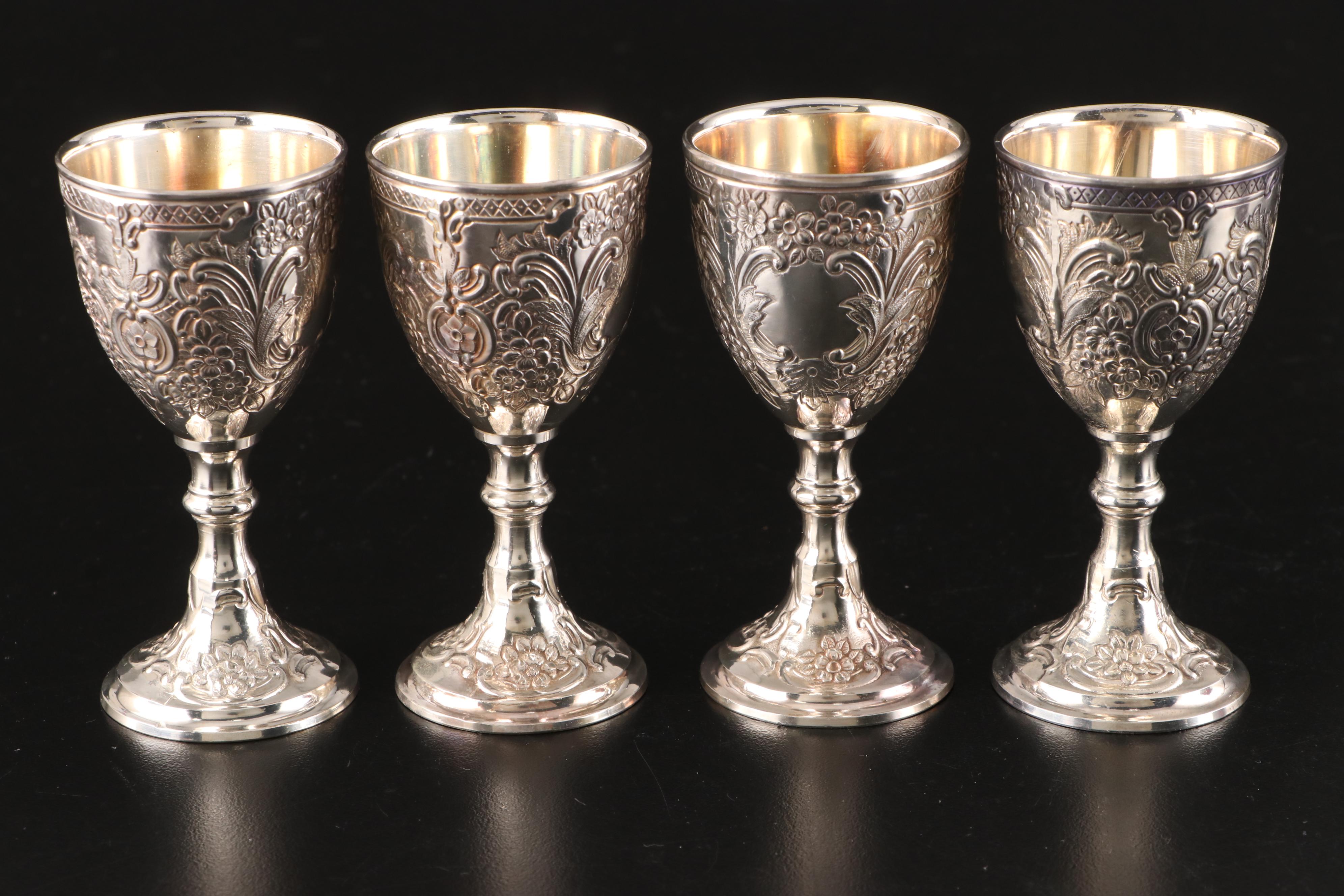 Rococo Style Silver Plate Cordial Glasses, Mid to Late 20th Century