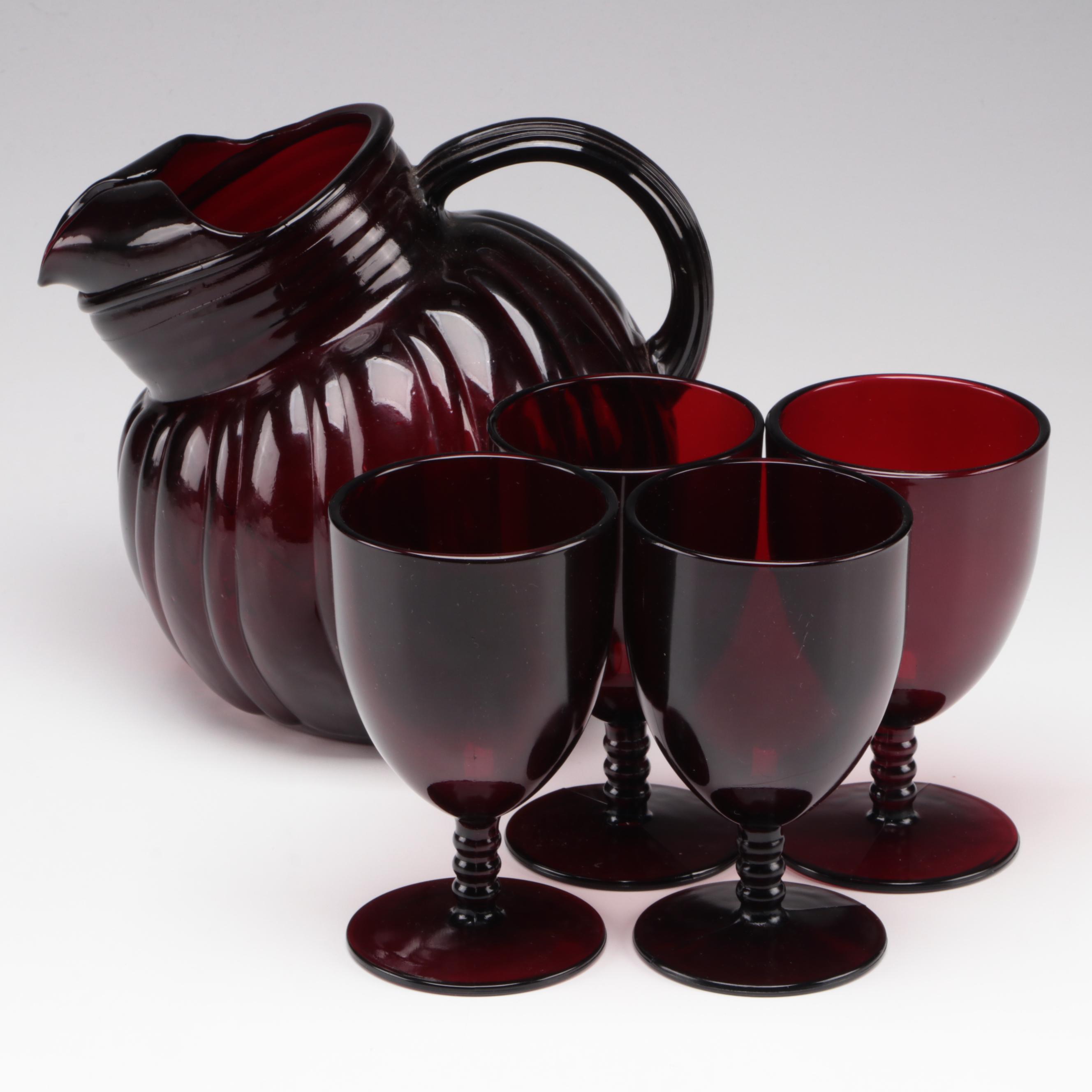 Anchor Hocking "Swirl Royal" Ruby Glass Ball Jug with Glass Water Goblets