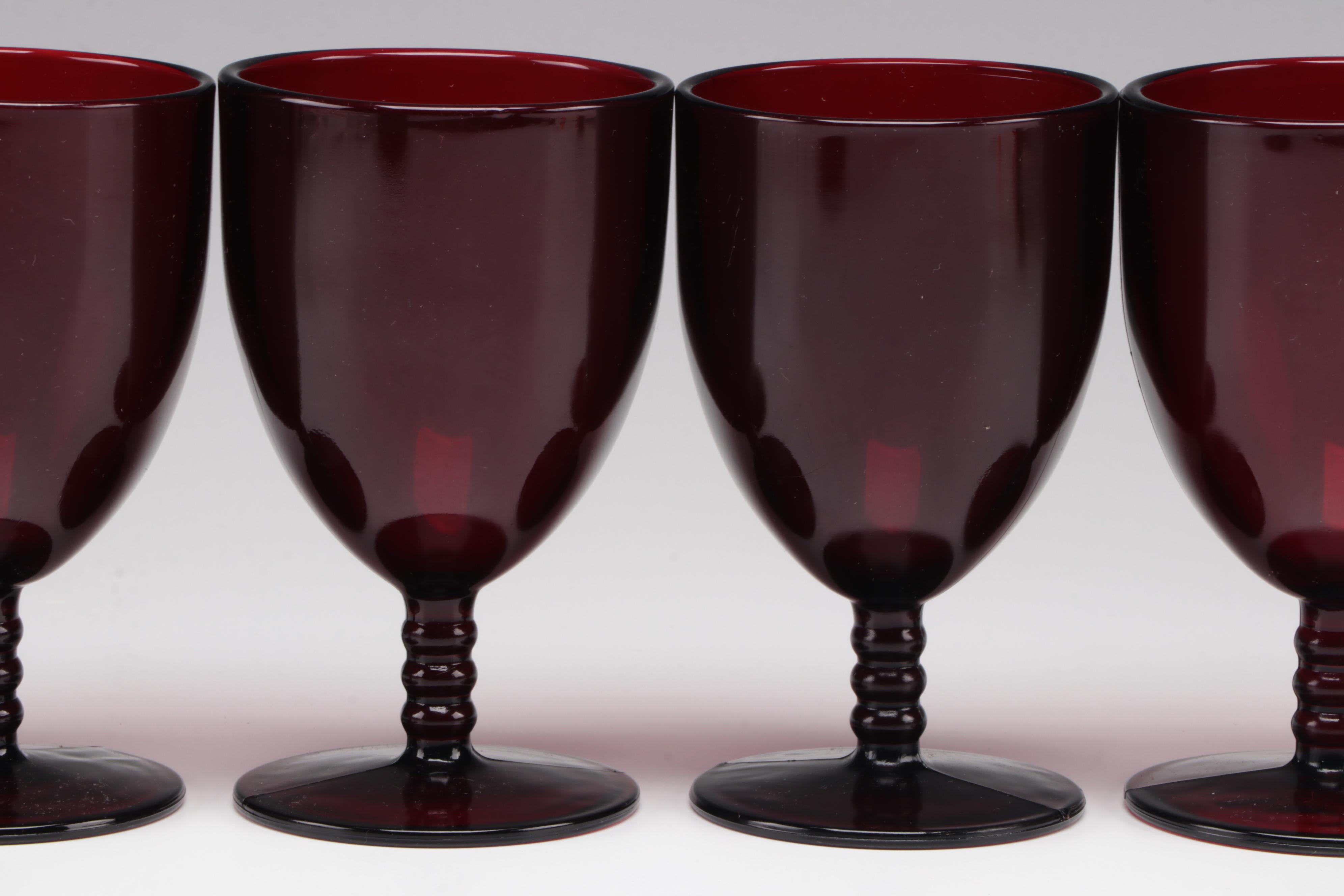 Anchor Hocking "Swirl Royal" Ruby Glass Ball Jug with Glass Water Goblets