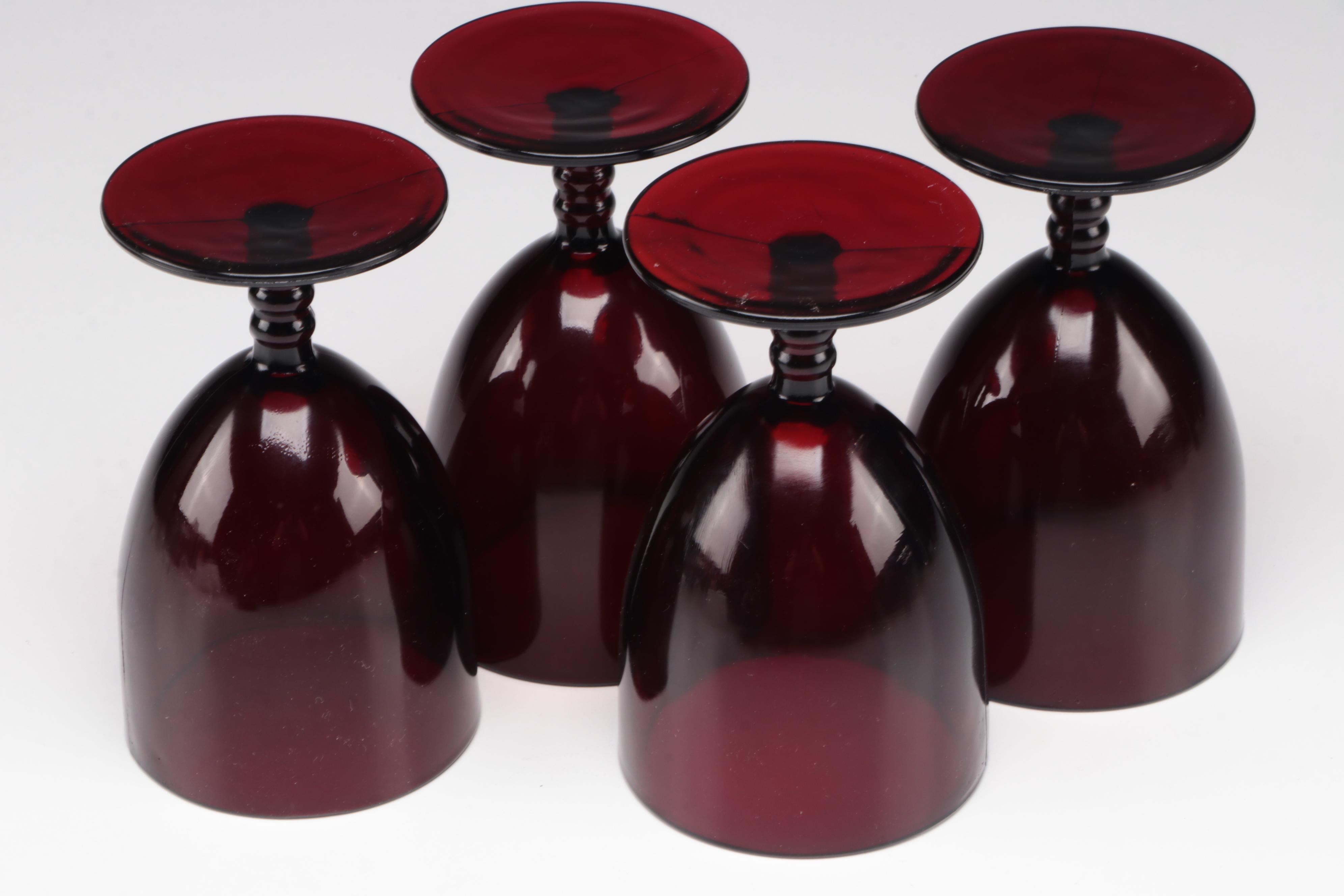 Anchor Hocking "Swirl Royal" Ruby Glass Ball Jug with Glass Water Goblets