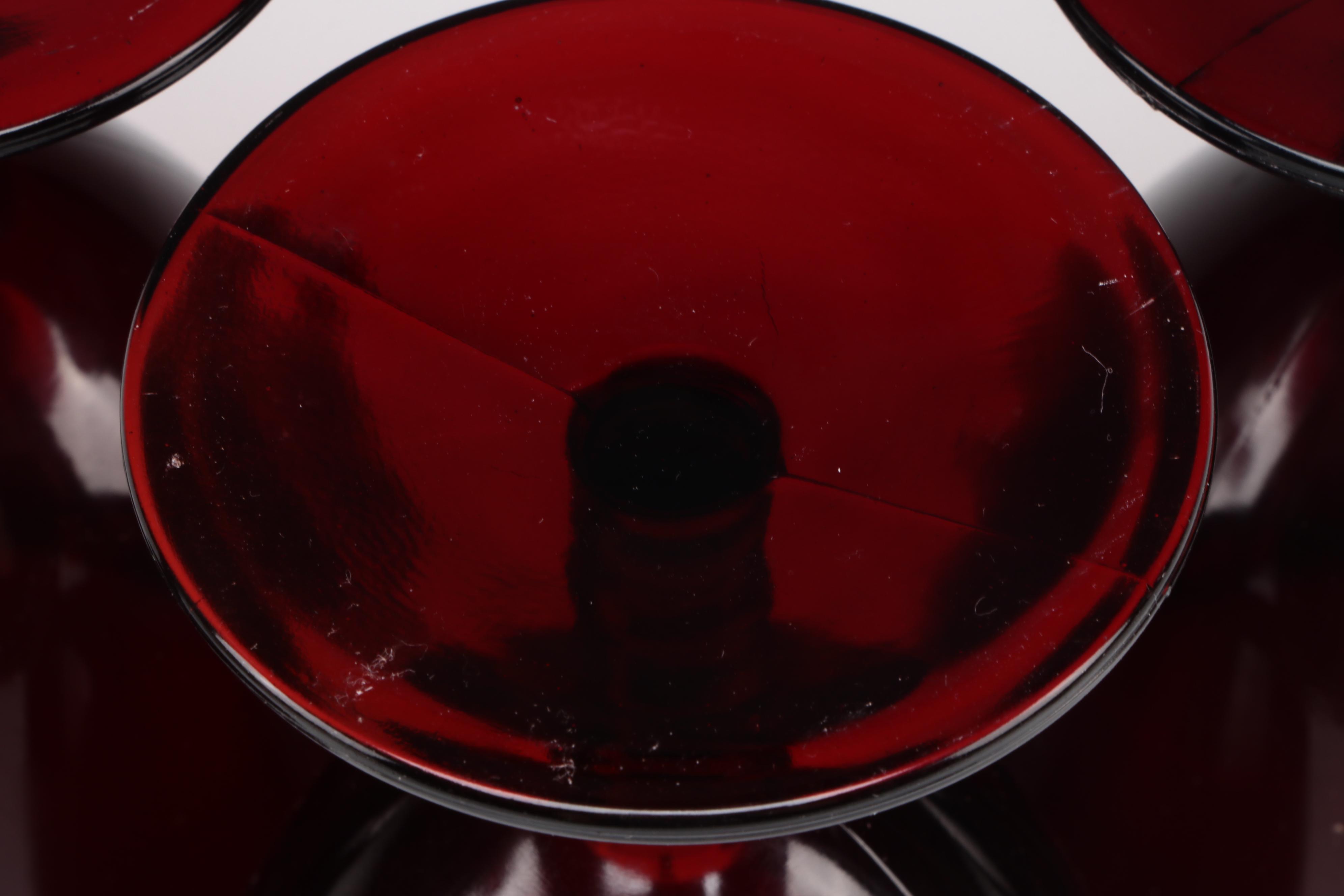 Anchor Hocking "Swirl Royal" Ruby Glass Ball Jug with Glass Water Goblets