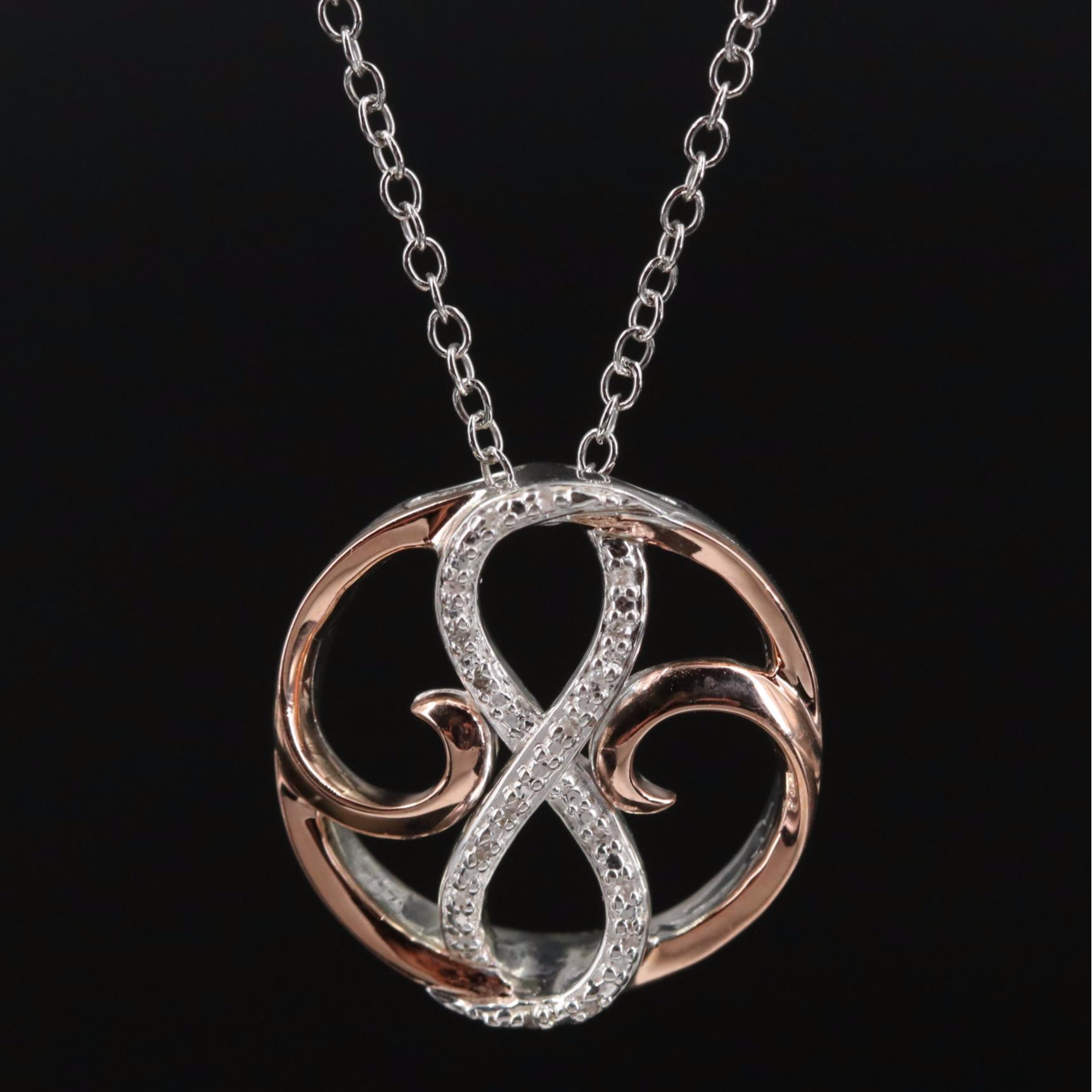 Sterling Diamond Infinity Symbol in Circle Pendant Necklace with 10K Accent