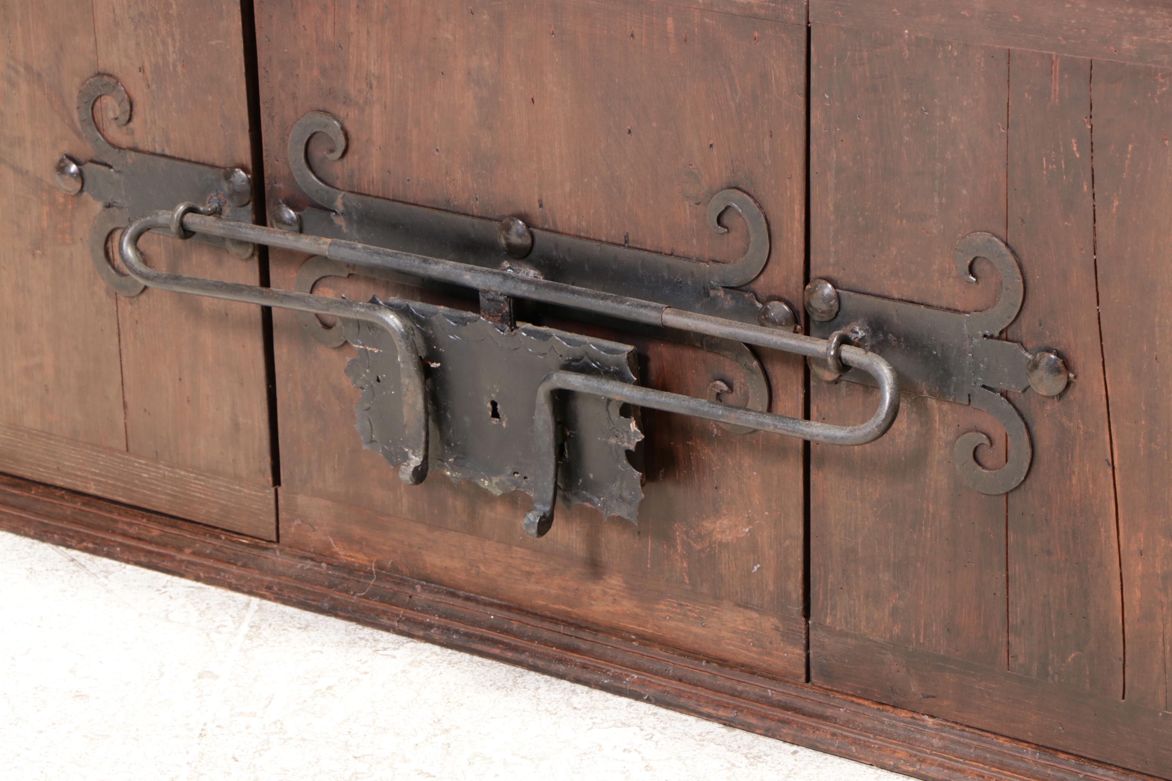 Spanish Colonial Style Chest with Front Bar Lock and Wrought Iron Brackets