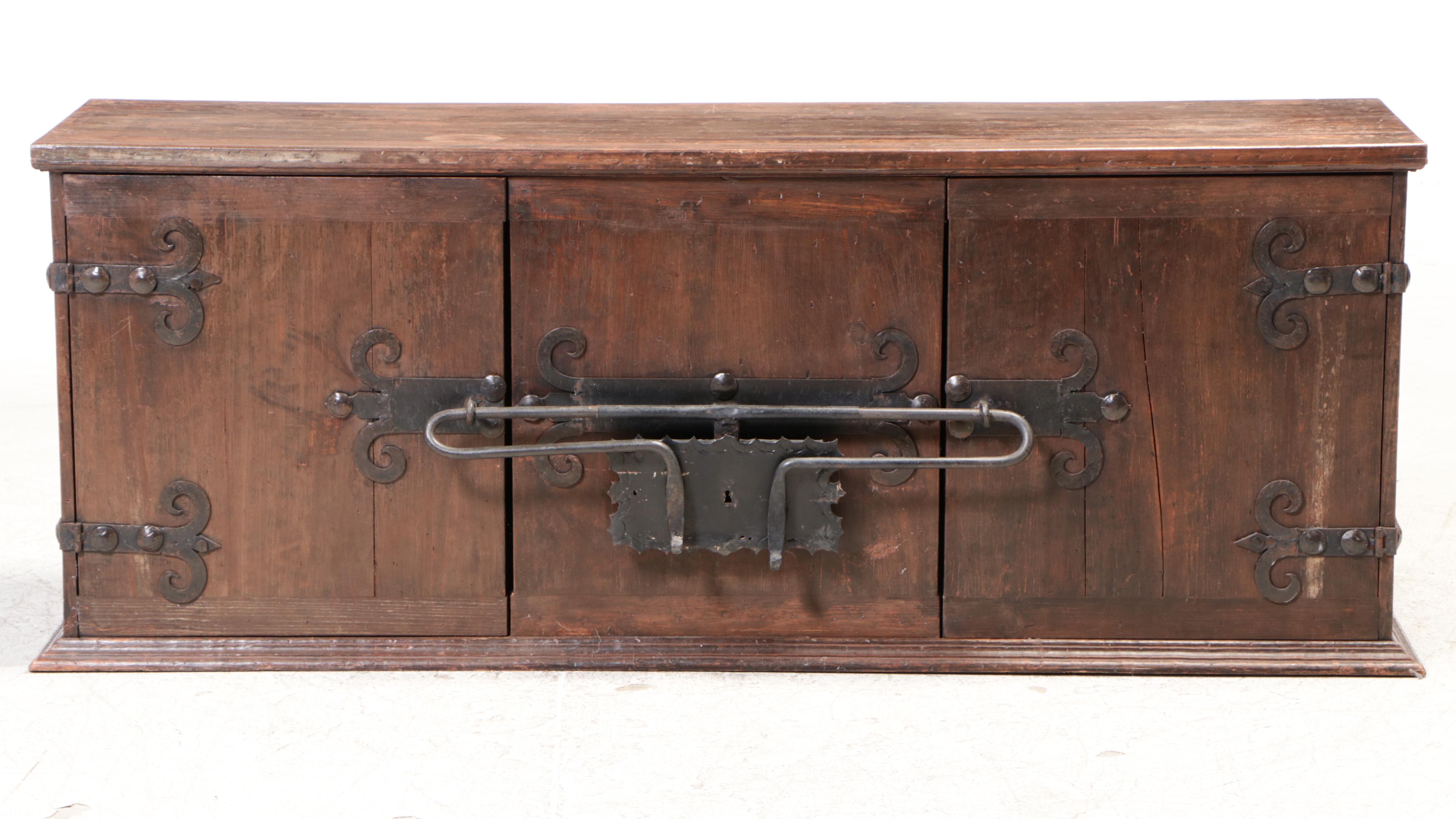 Spanish Colonial Style Chest with Front Bar Lock and Wrought Iron Brackets
