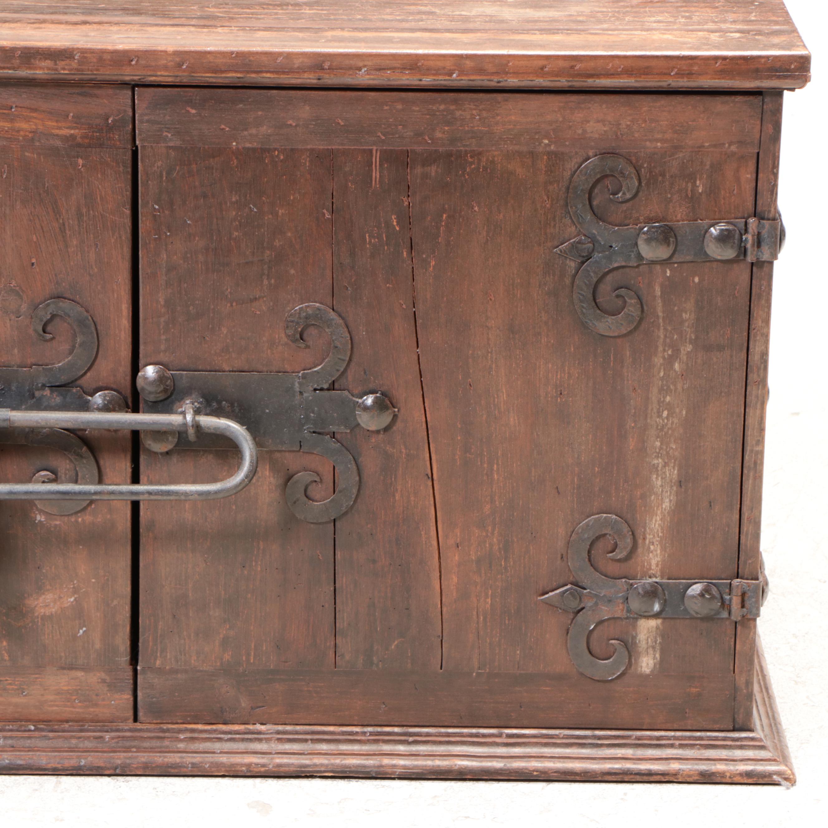 Spanish Colonial Style Chest with Front Bar Lock and Wrought Iron Brackets