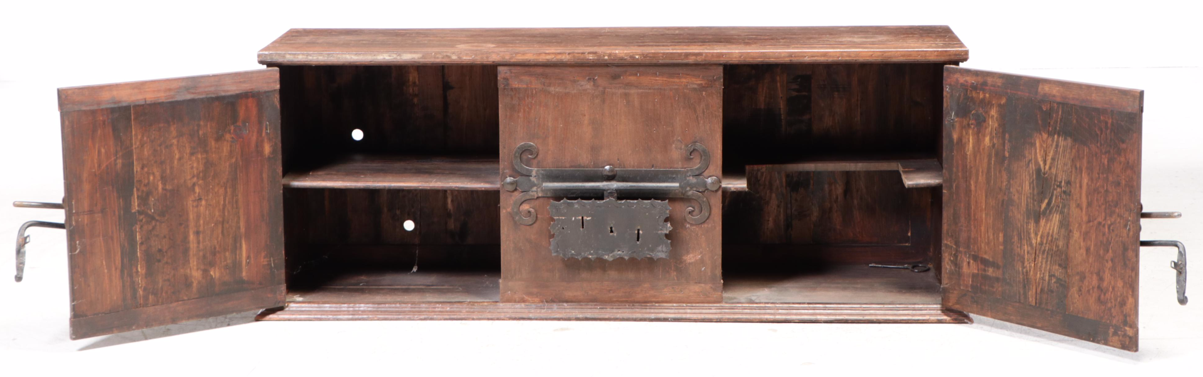 Spanish Colonial Style Chest with Front Bar Lock and Wrought Iron Brackets