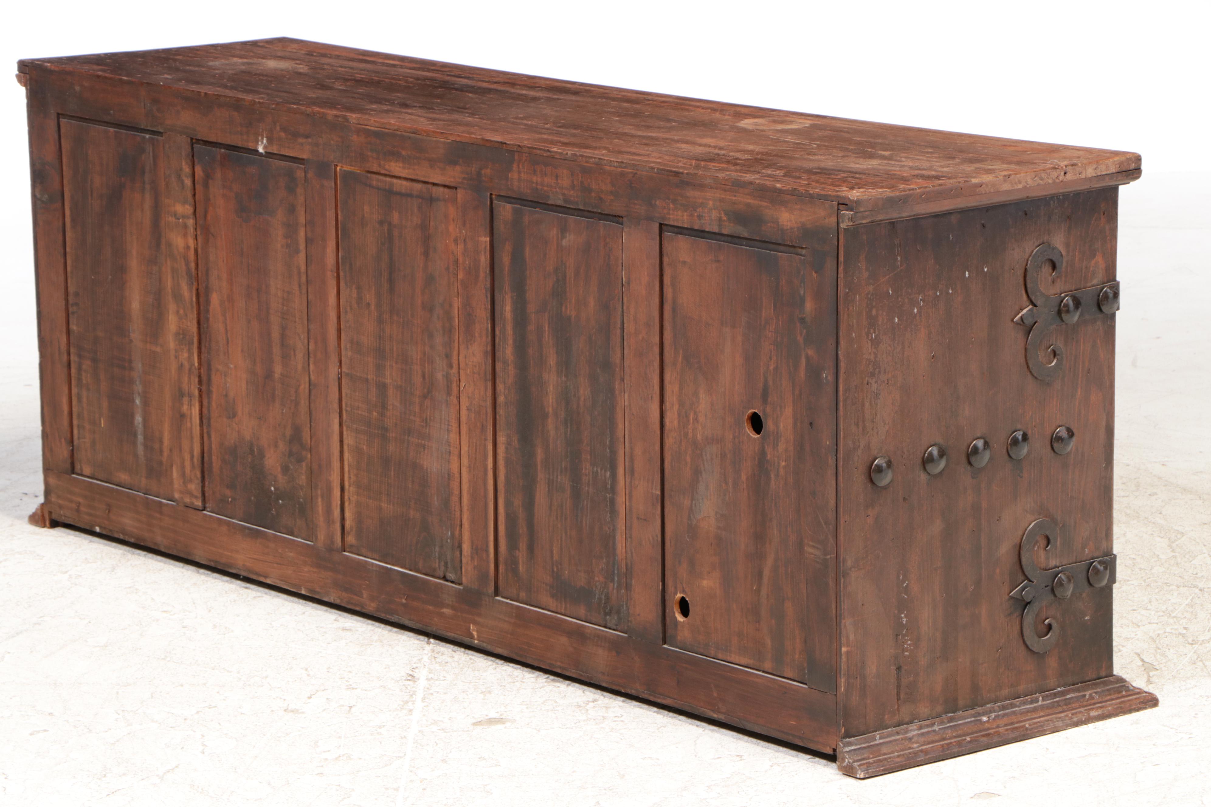 Spanish Colonial Style Chest with Front Bar Lock and Wrought Iron Brackets