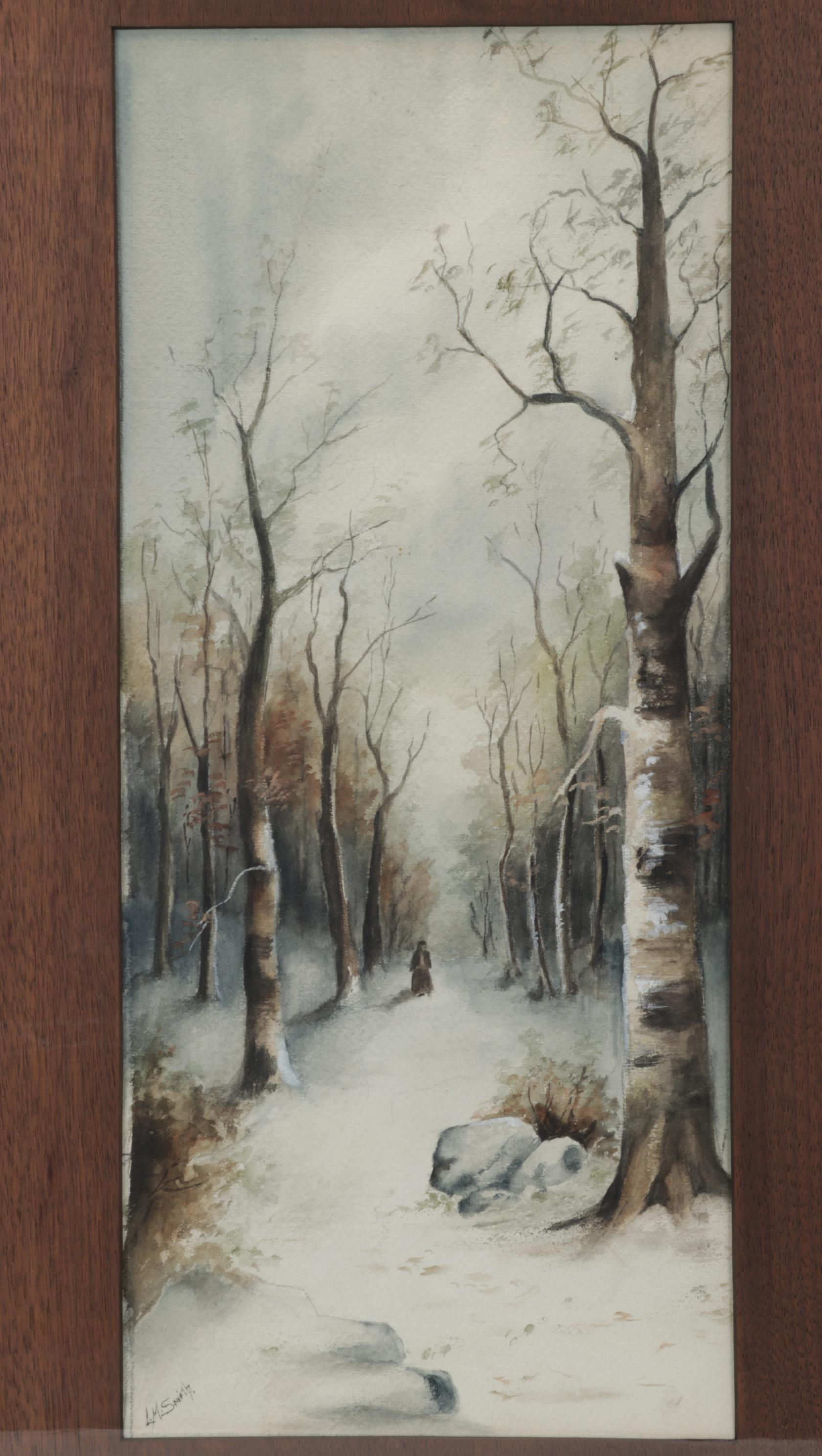 L. M. Smith Watercolor Painting of Woman Standing in Forest, Early 20th Century
