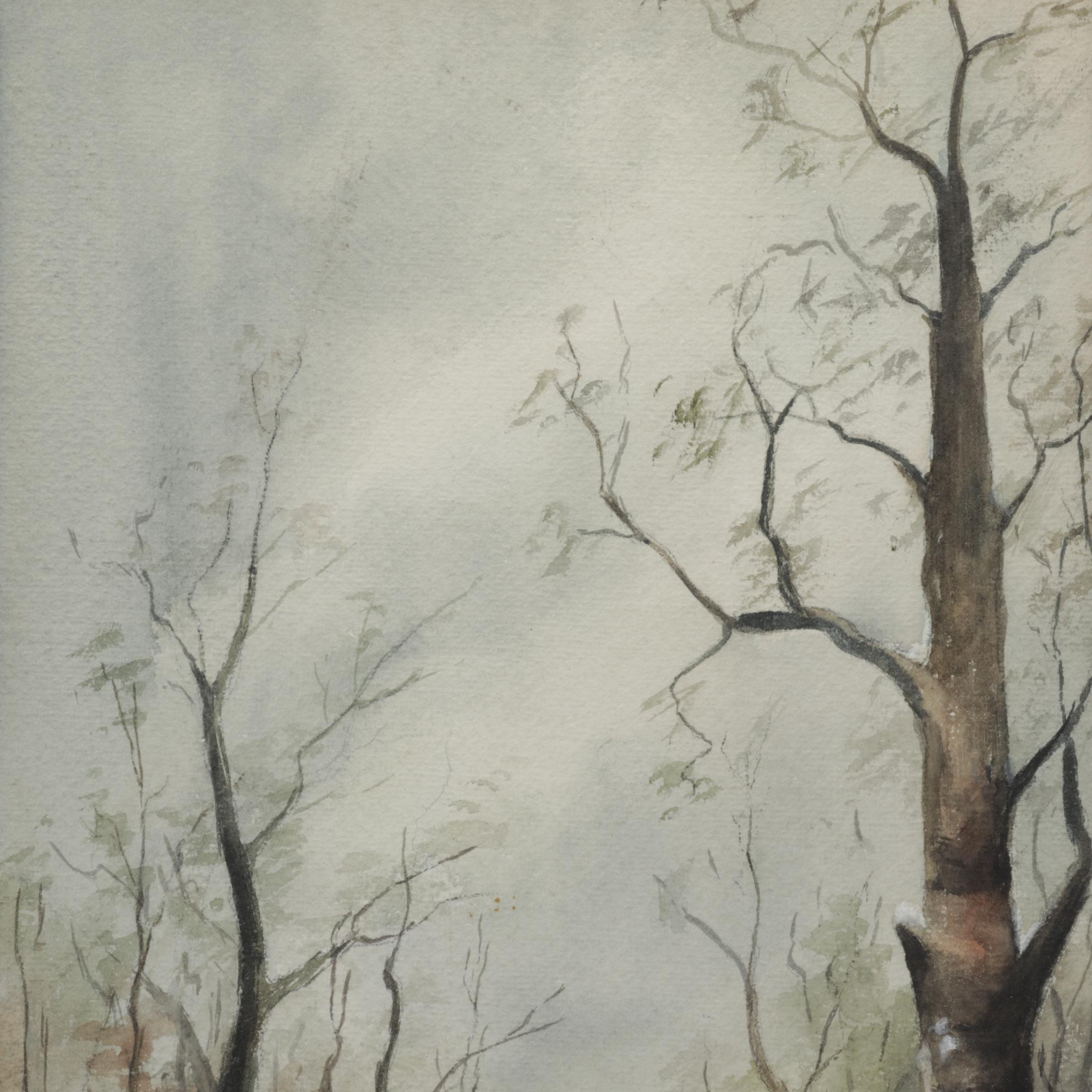 L. M. Smith Watercolor Painting of Woman Standing in Forest, Early 20th Century
