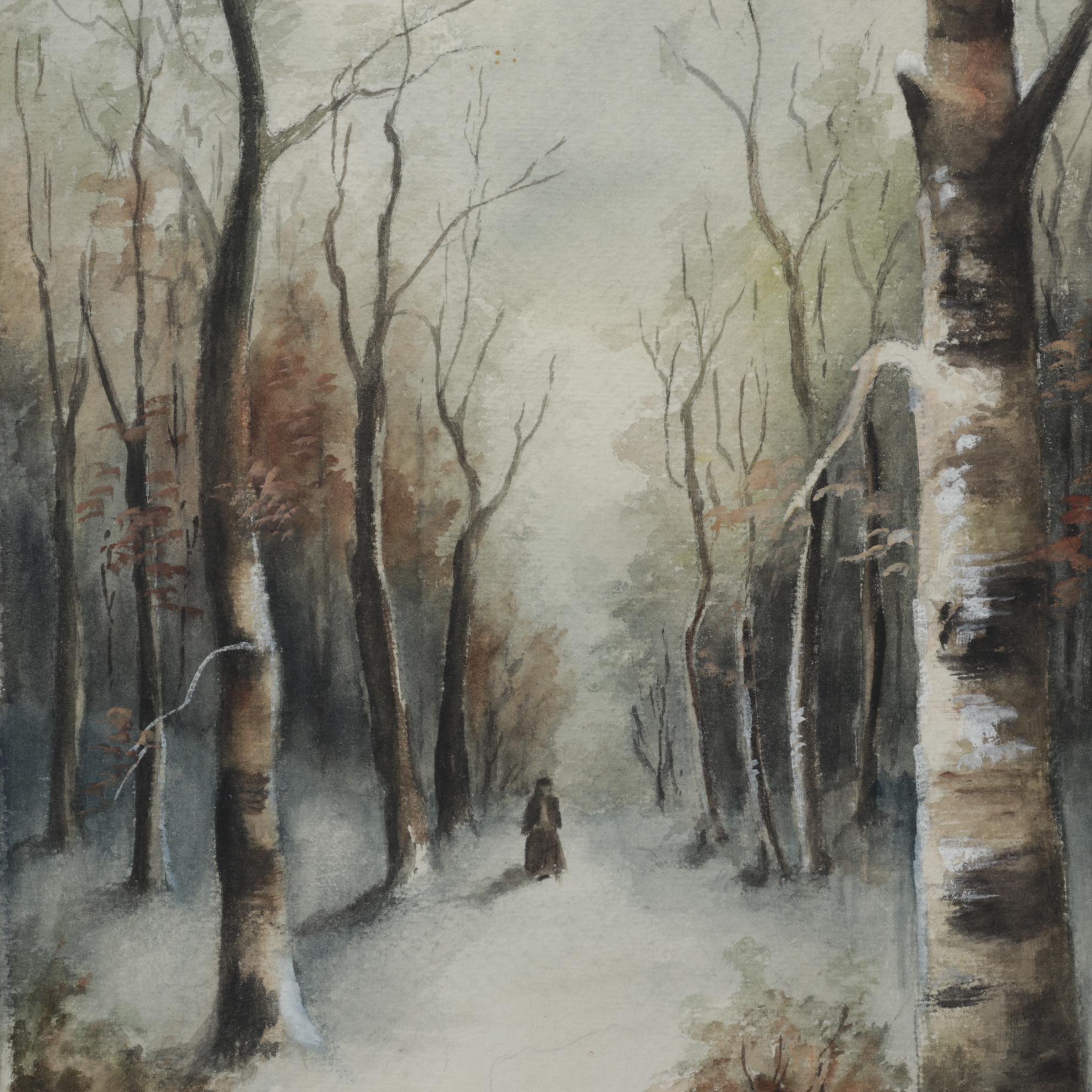 L. M. Smith Watercolor Painting of Woman Standing in Forest, Early 20th Century