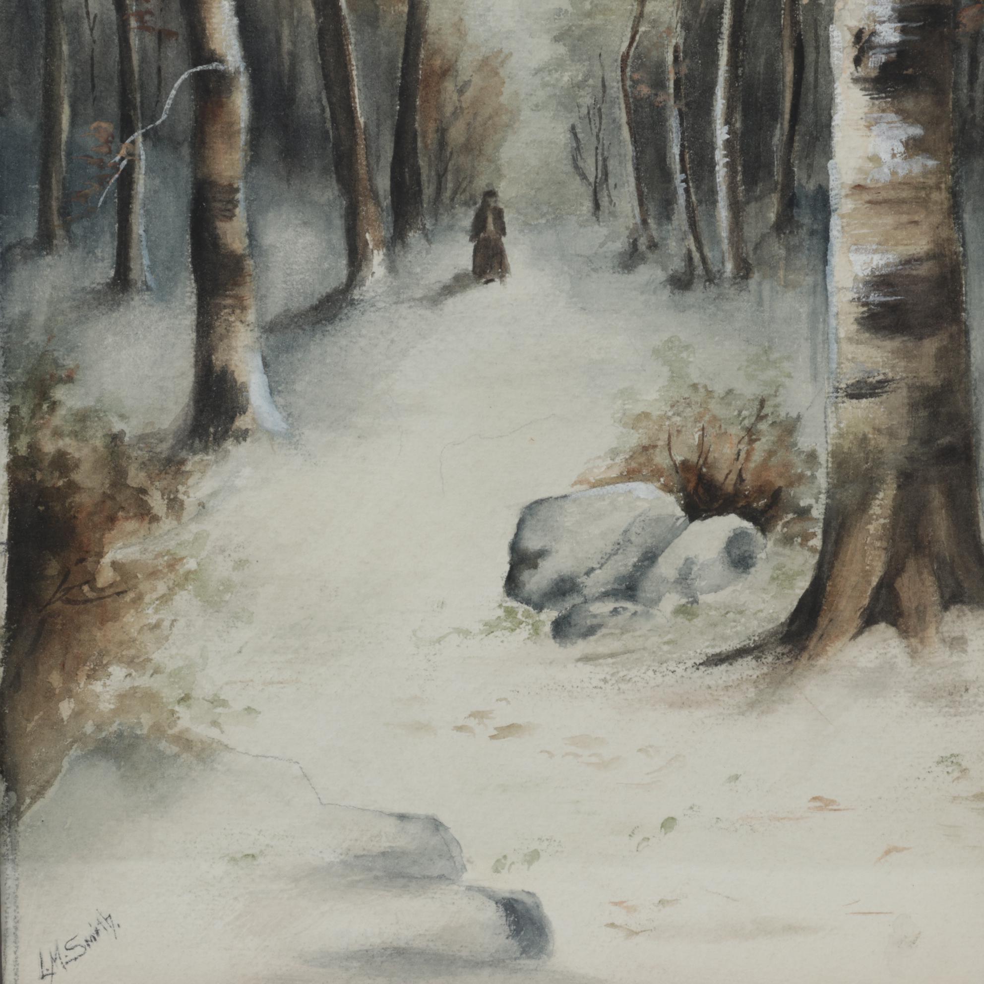 L. M. Smith Watercolor Painting of Woman Standing in Forest, Early 20th Century