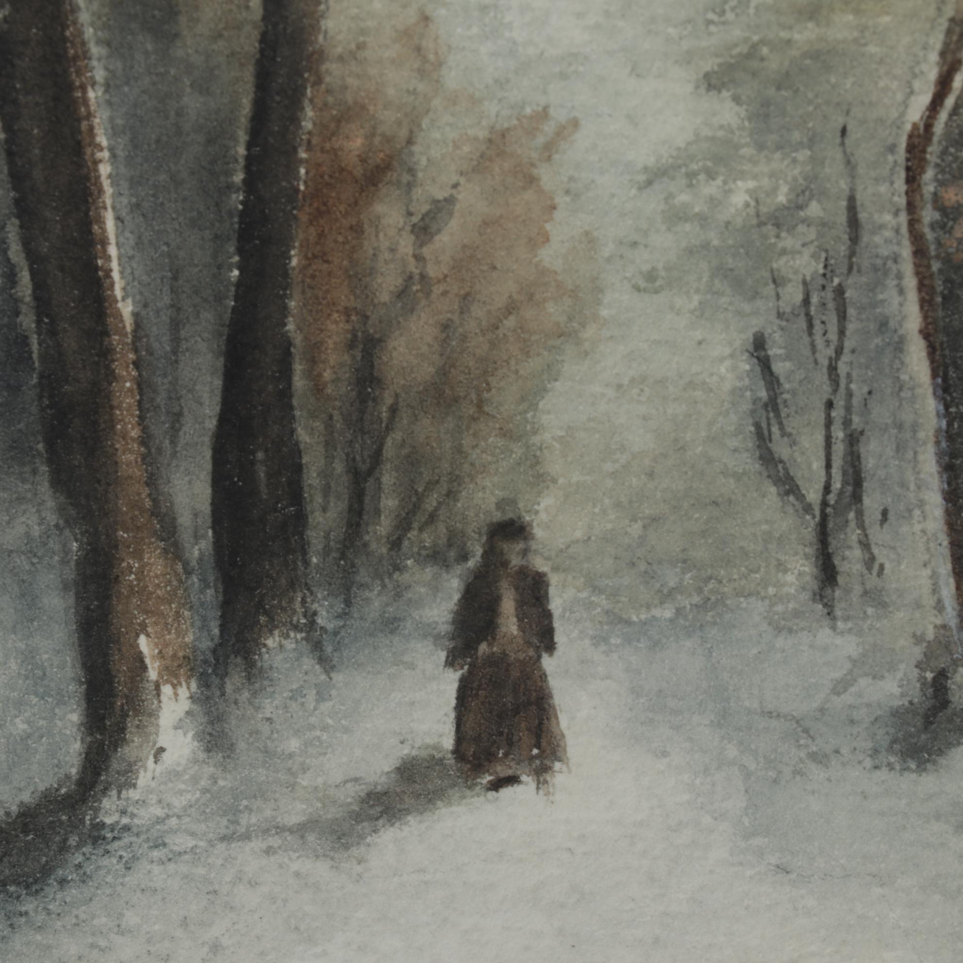 L. M. Smith Watercolor Painting of Woman Standing in Forest, Early 20th Century