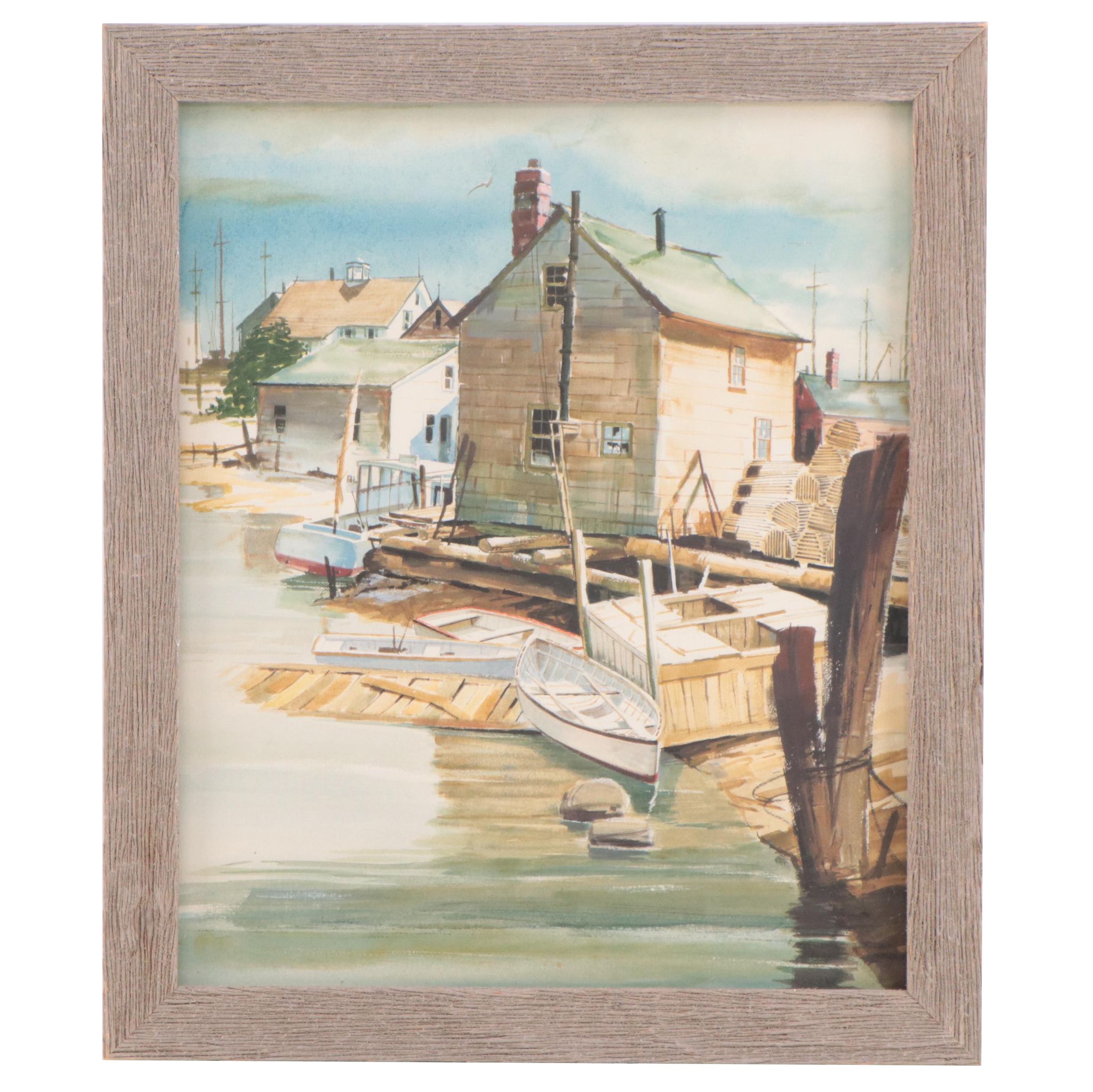 Harbor Scene Watercolor Painting, 20th Century