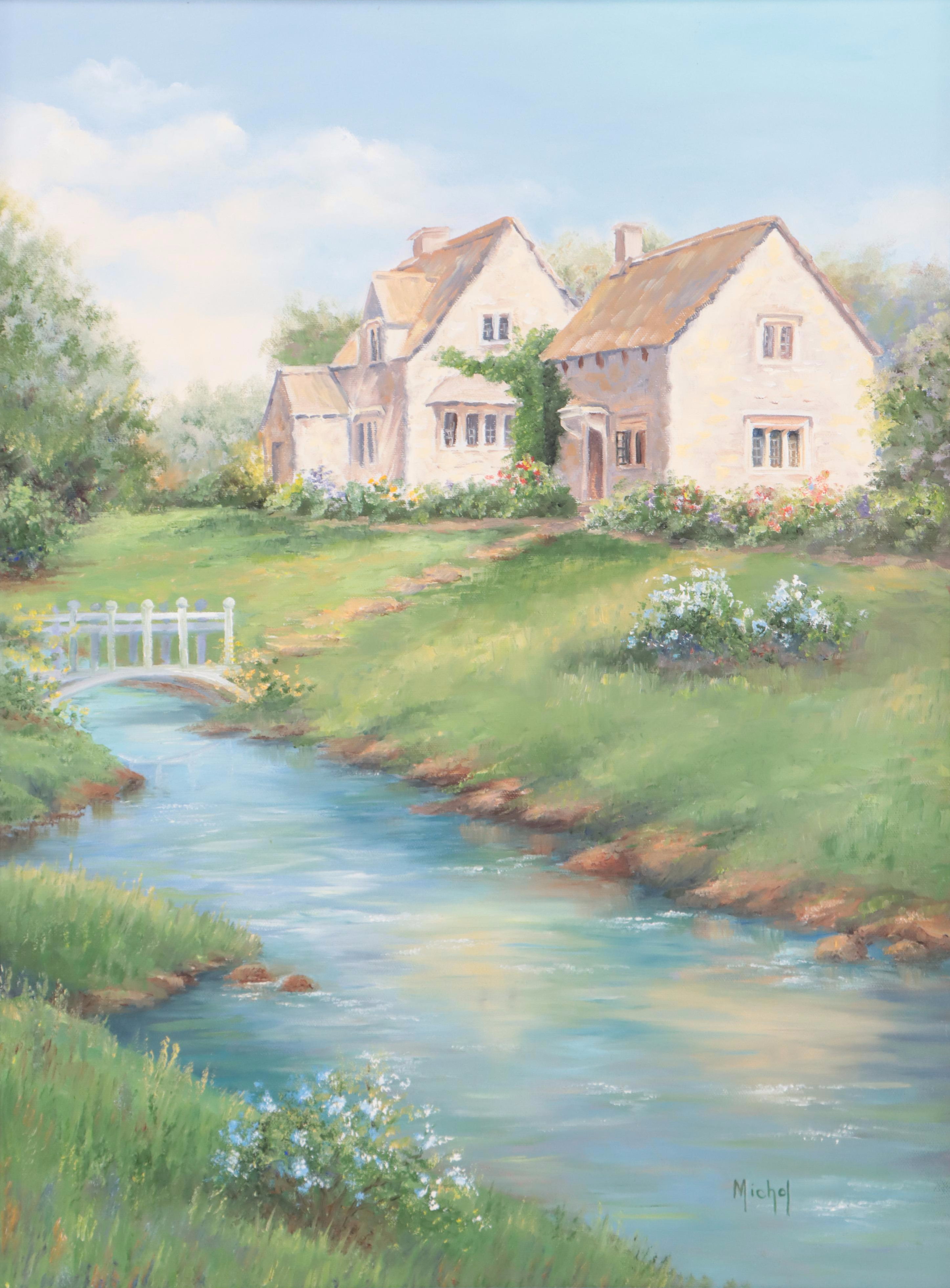 Landscape Oil Painting of House by Creek
