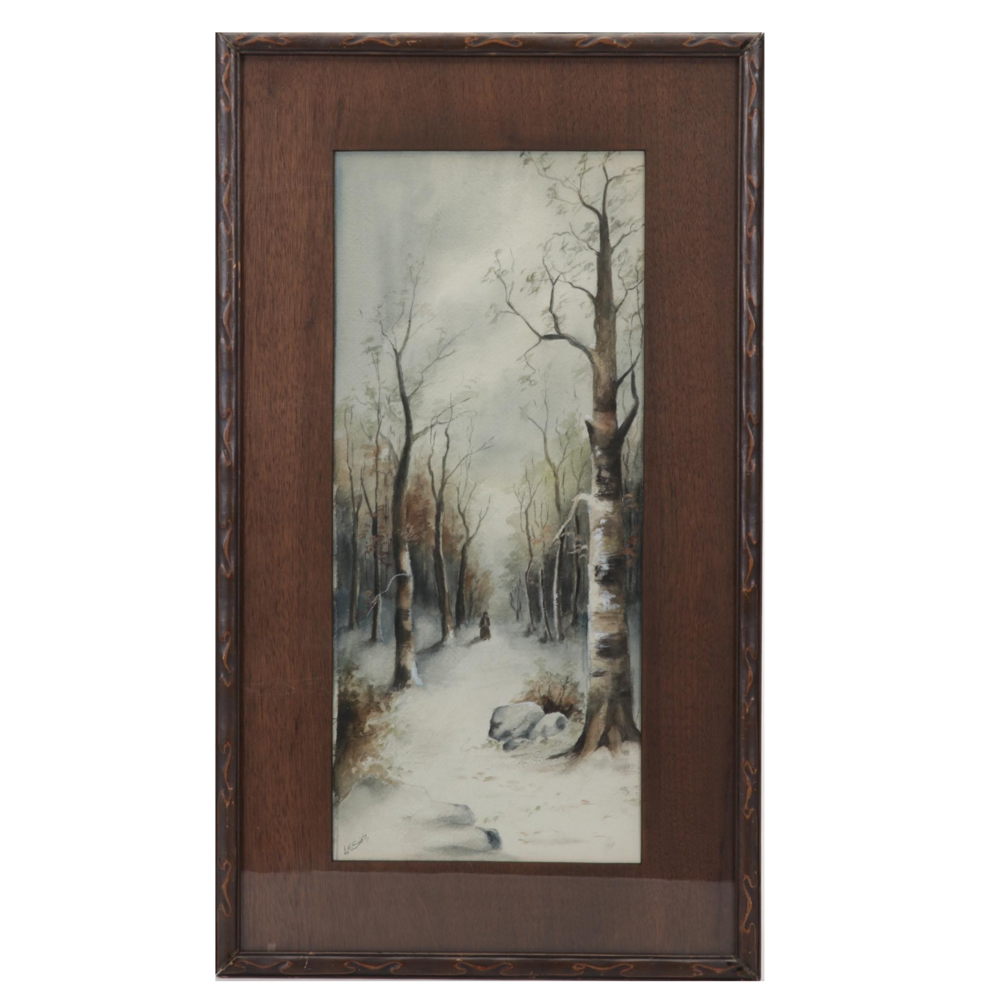 L. M. Smith Watercolor Painting of Woman Standing in Forest, Early 20th Century