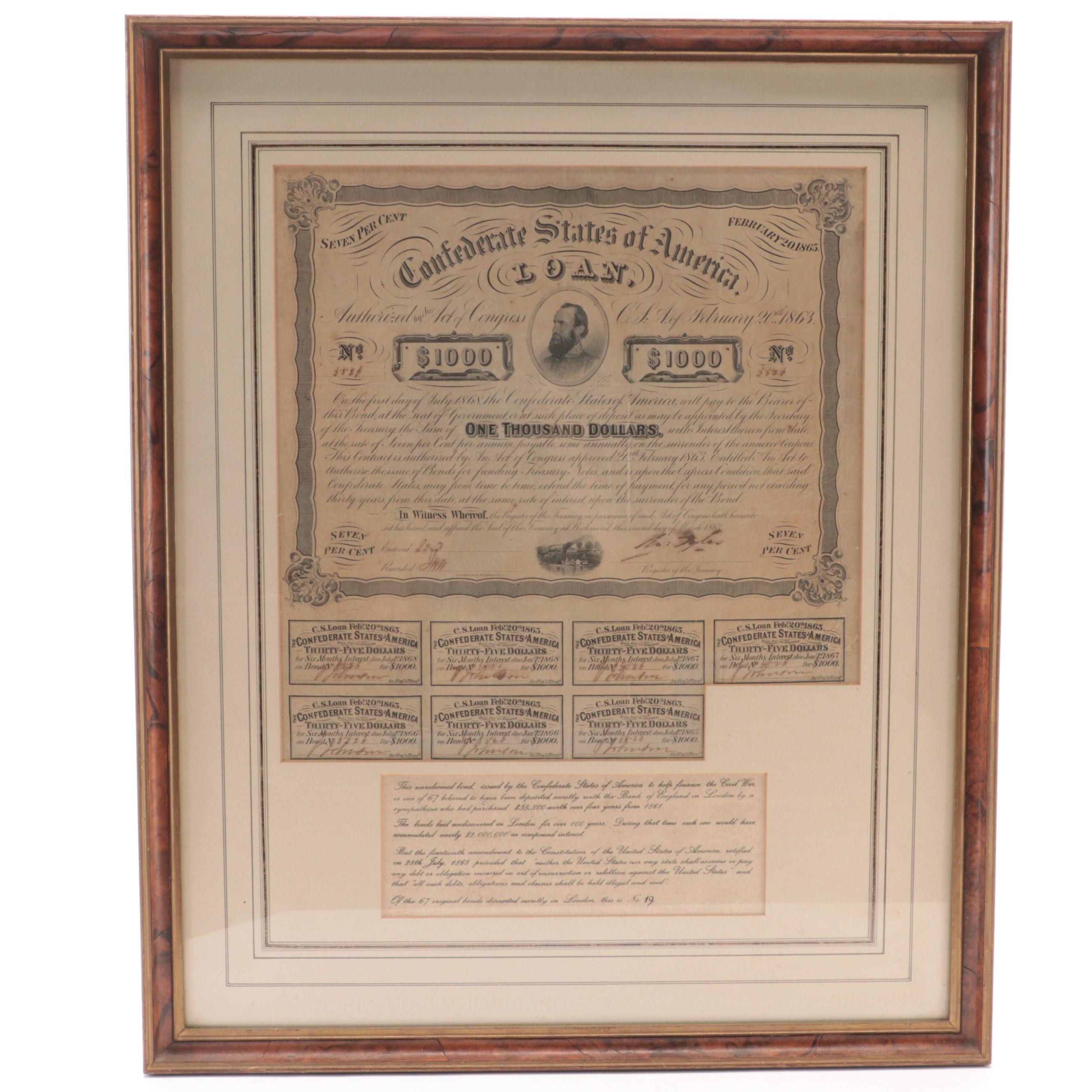Framed Confederate States of America $1000 Bond Certificate