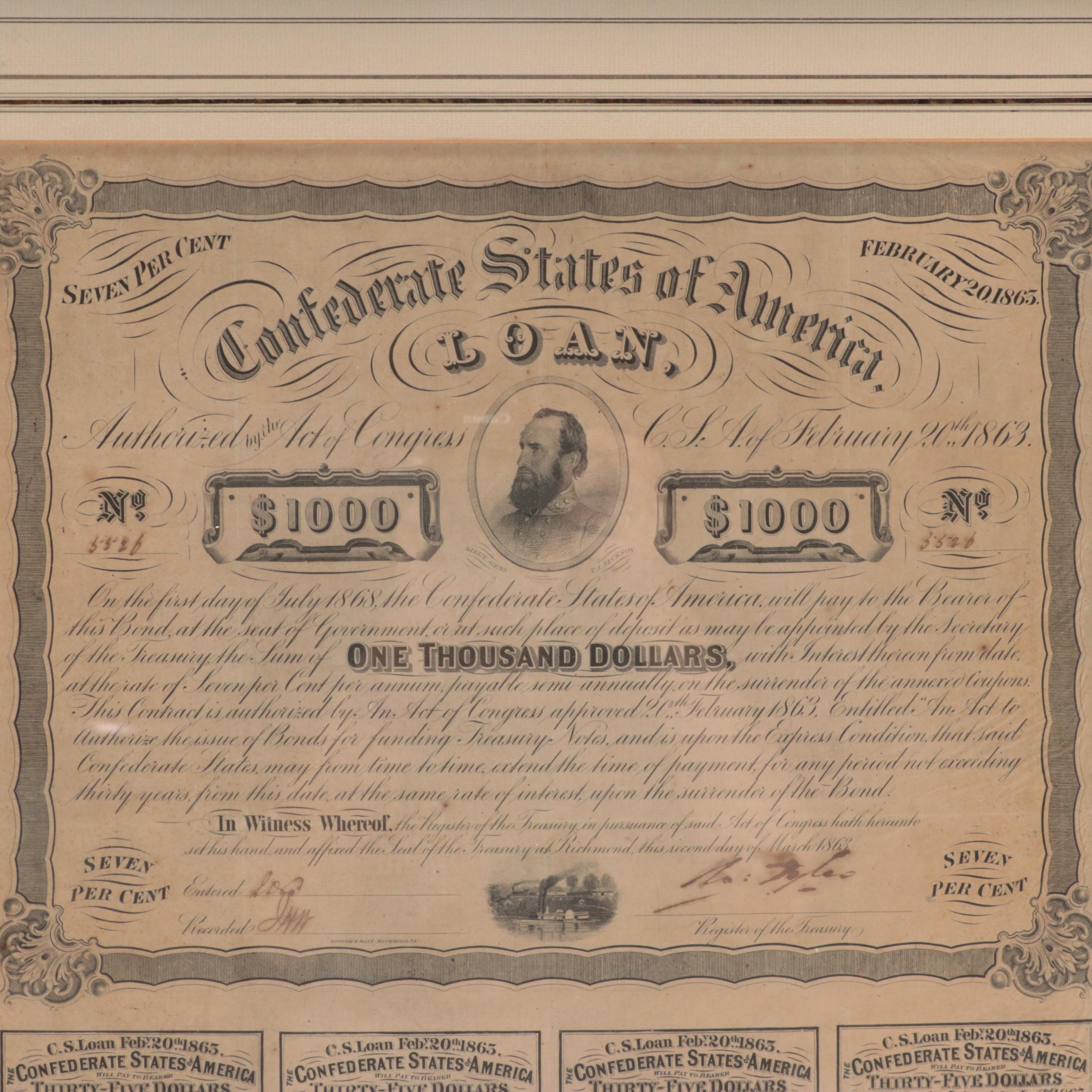 Framed Confederate States of America $1000 Bond Certificate