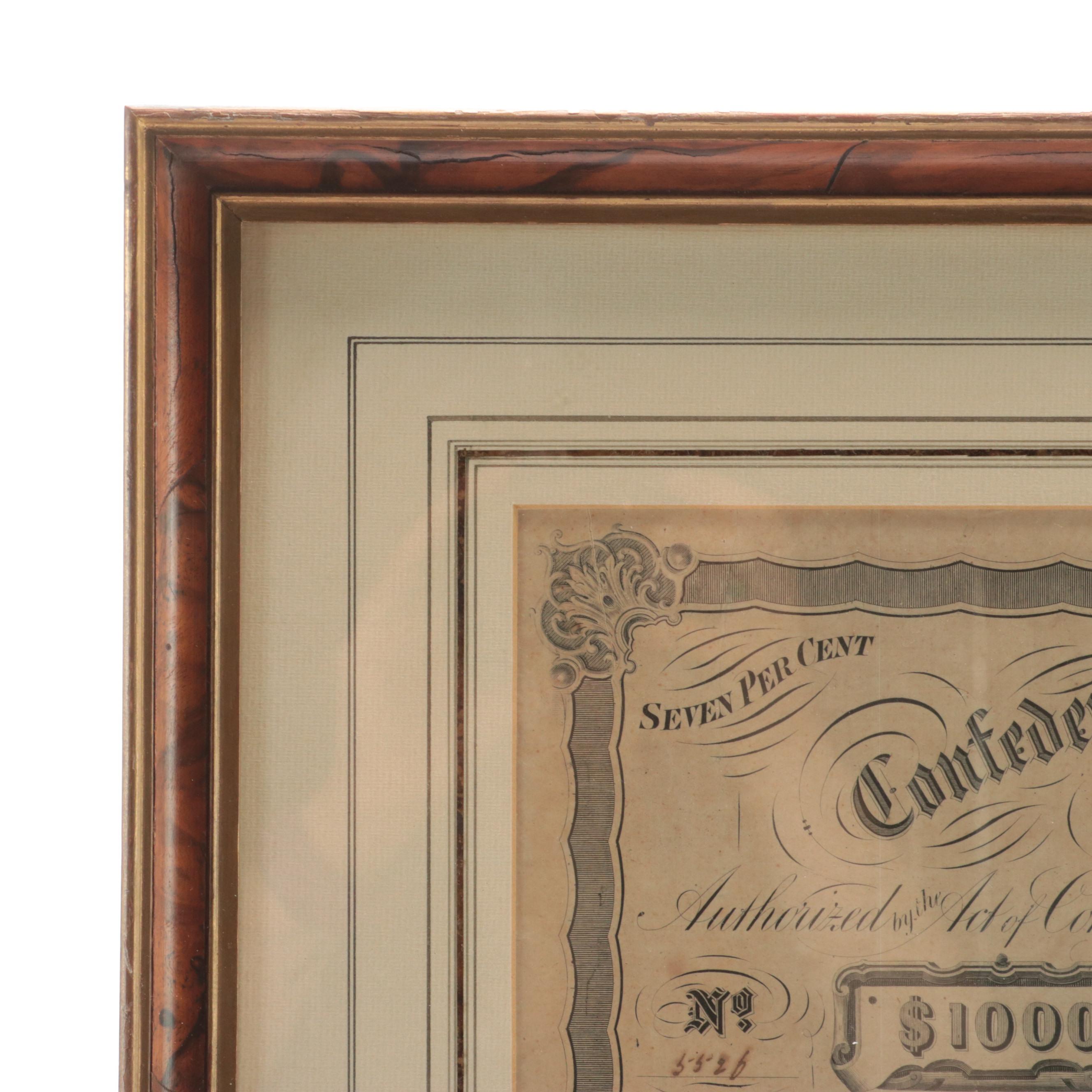 Framed Confederate States of America $1000 Bond Certificate