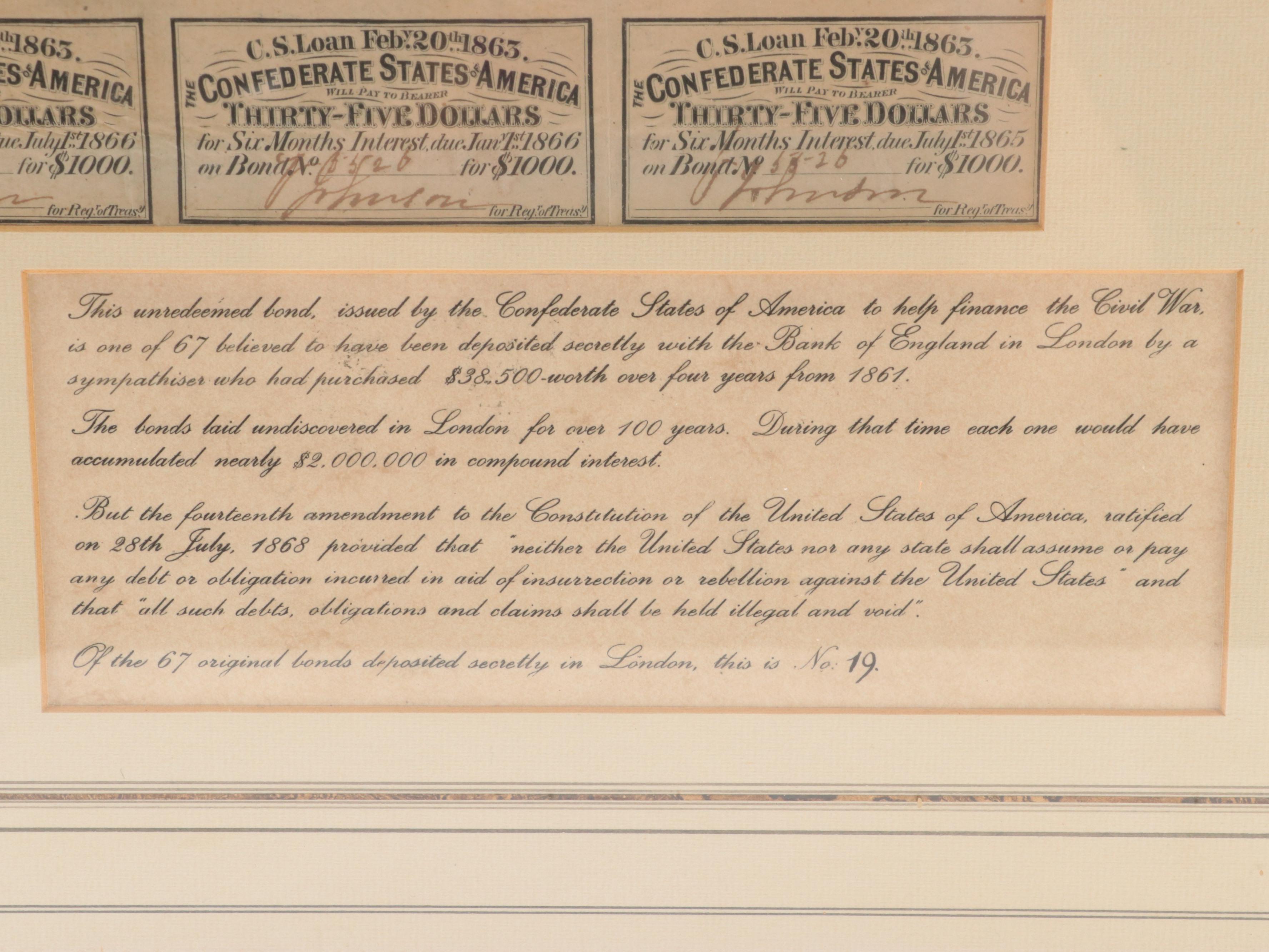 Framed Confederate States of America $1000 Bond Certificate