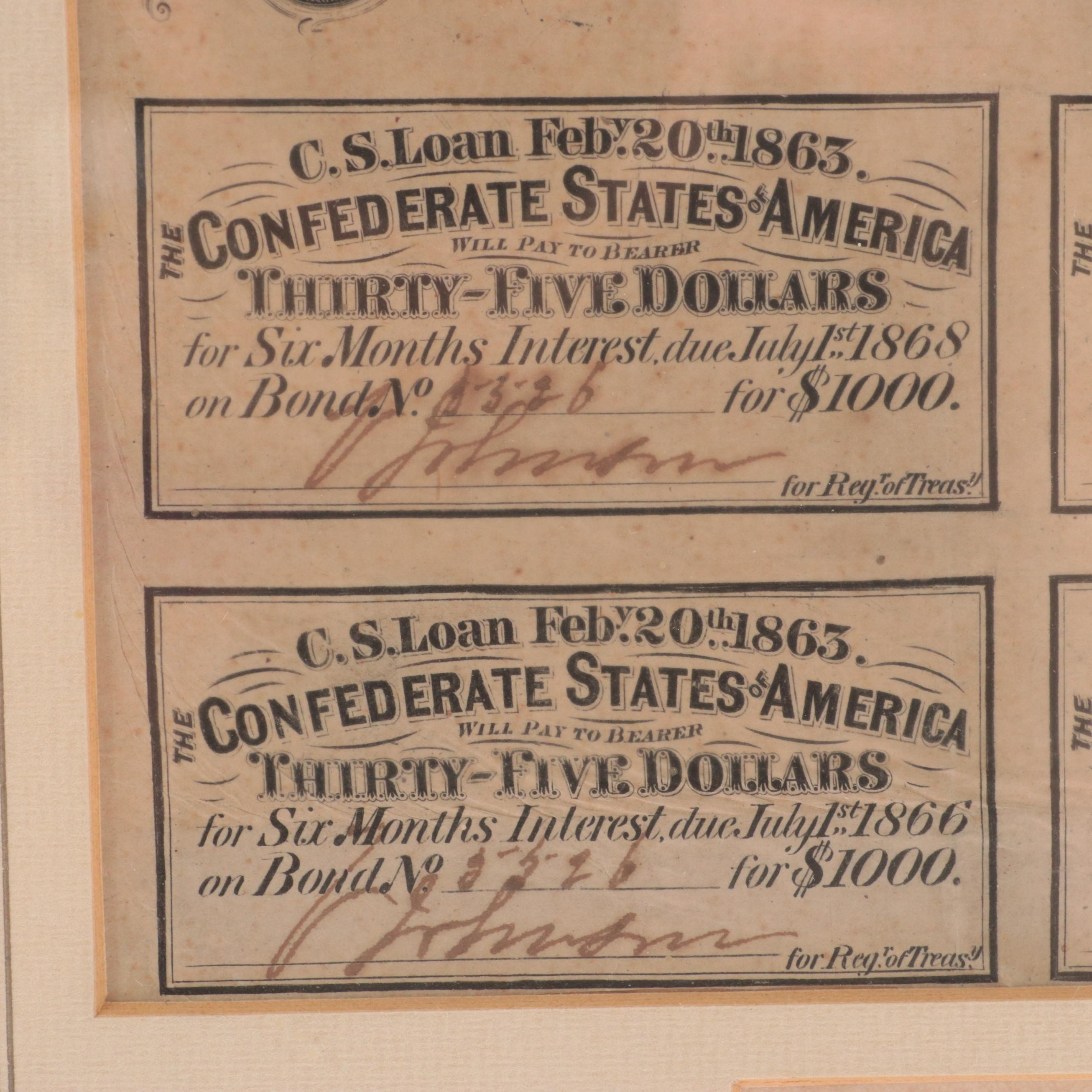 Framed Confederate States of America $1000 Bond Certificate