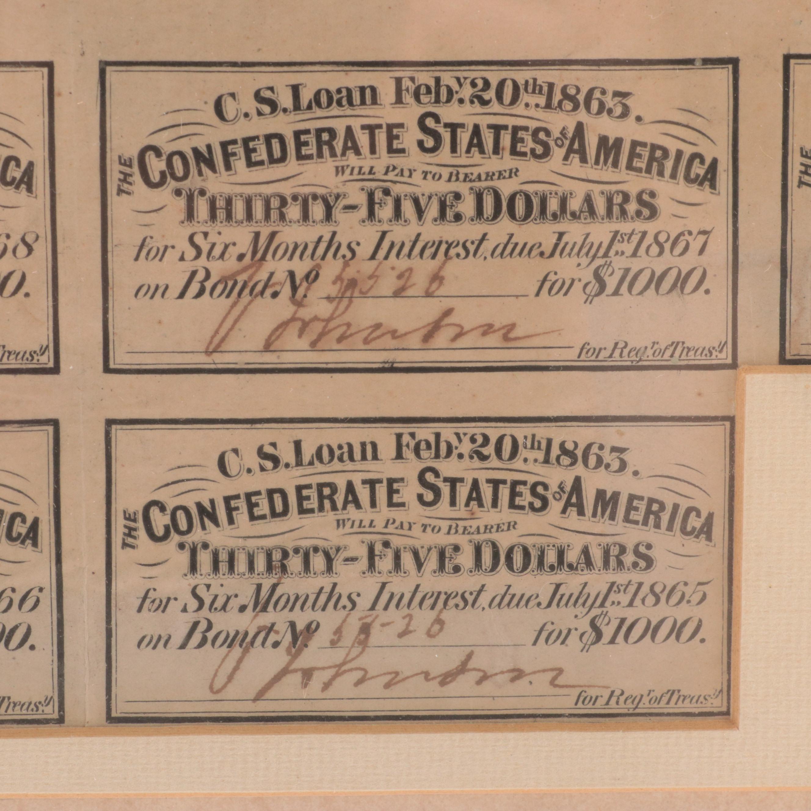 Framed Confederate States of America $1000 Bond Certificate