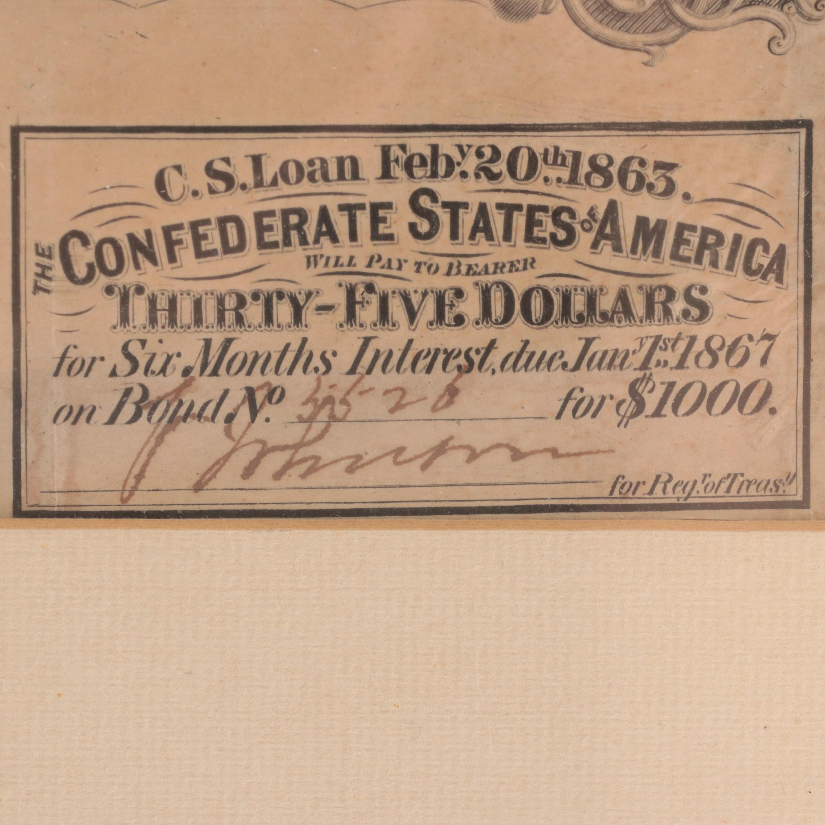 Framed Confederate States of America $1000 Bond Certificate