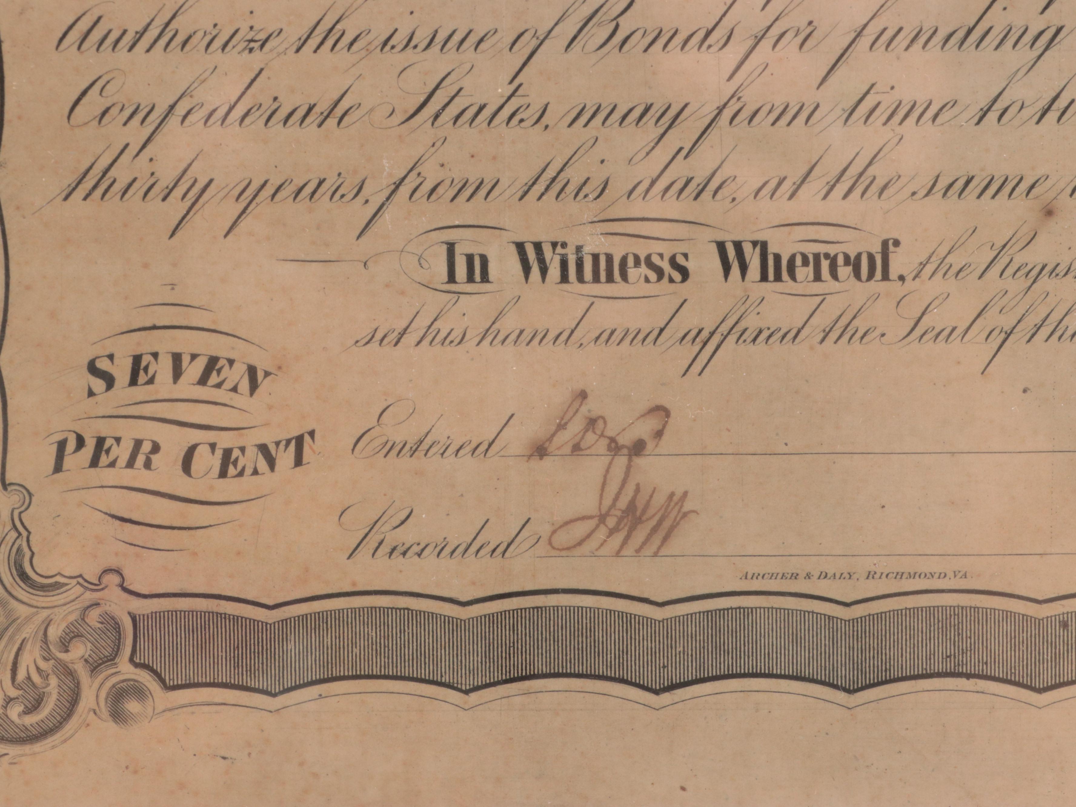 Framed Confederate States of America $1000 Bond Certificate