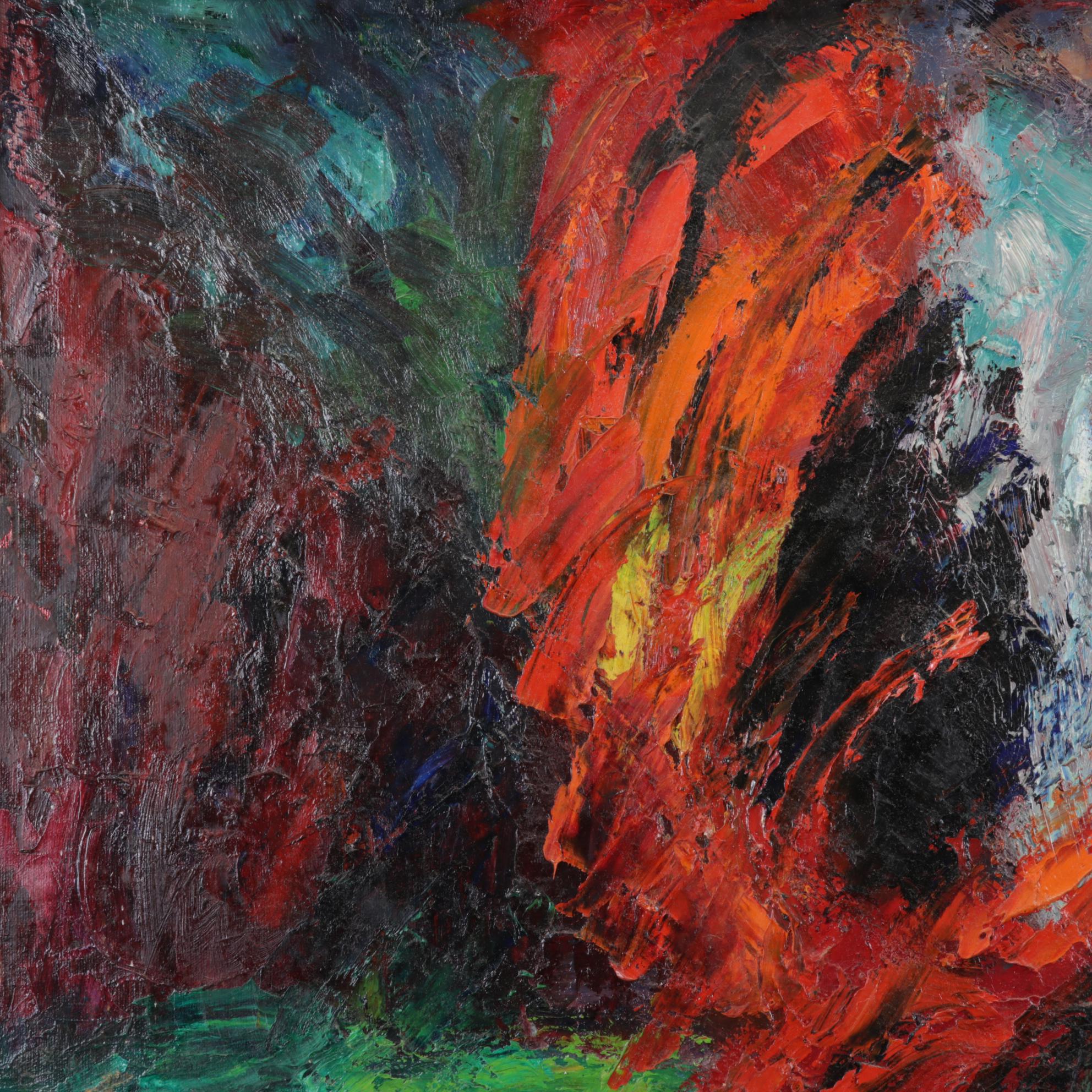 Henry Mog Folk Art Oil Painting of Orange Bird, Circa 1965