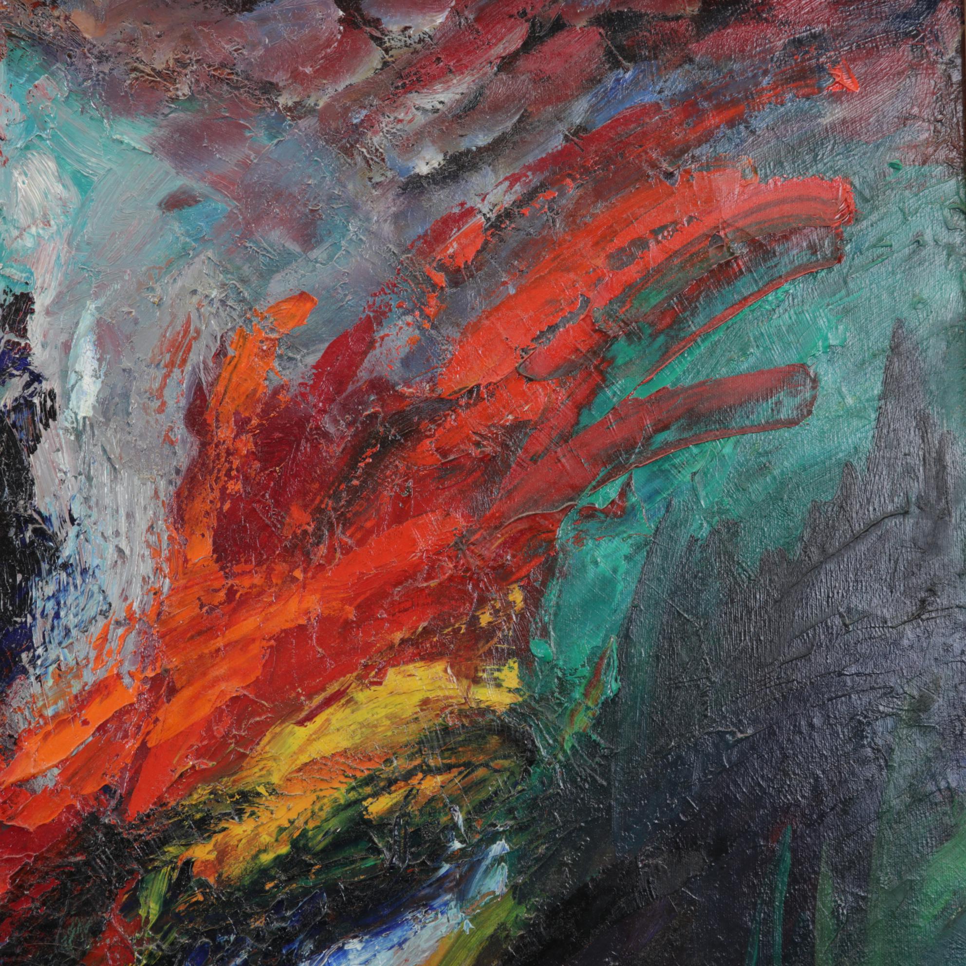 Henry Mog Folk Art Oil Painting of Orange Bird, Circa 1965