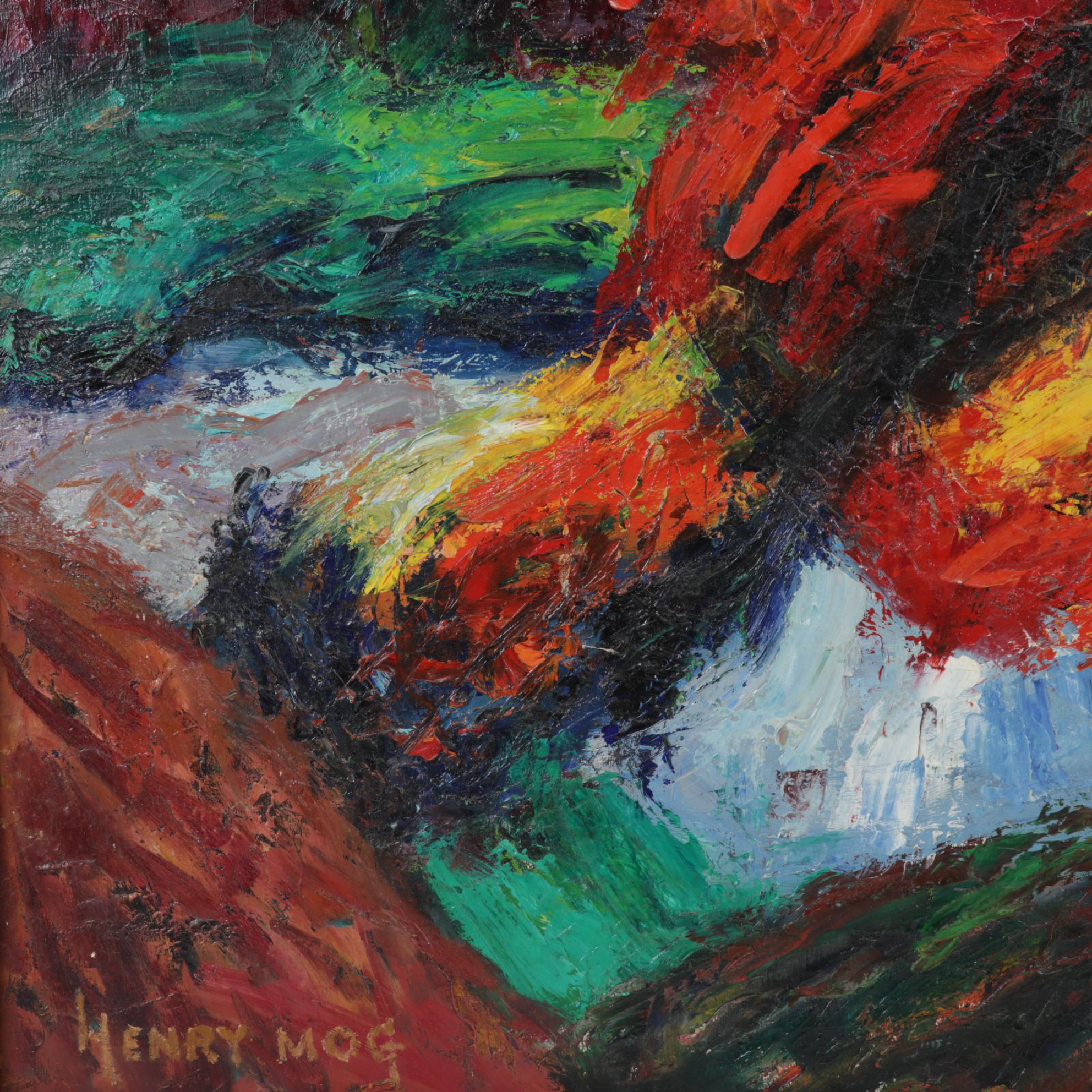 Henry Mog Folk Art Oil Painting of Orange Bird, Circa 1965