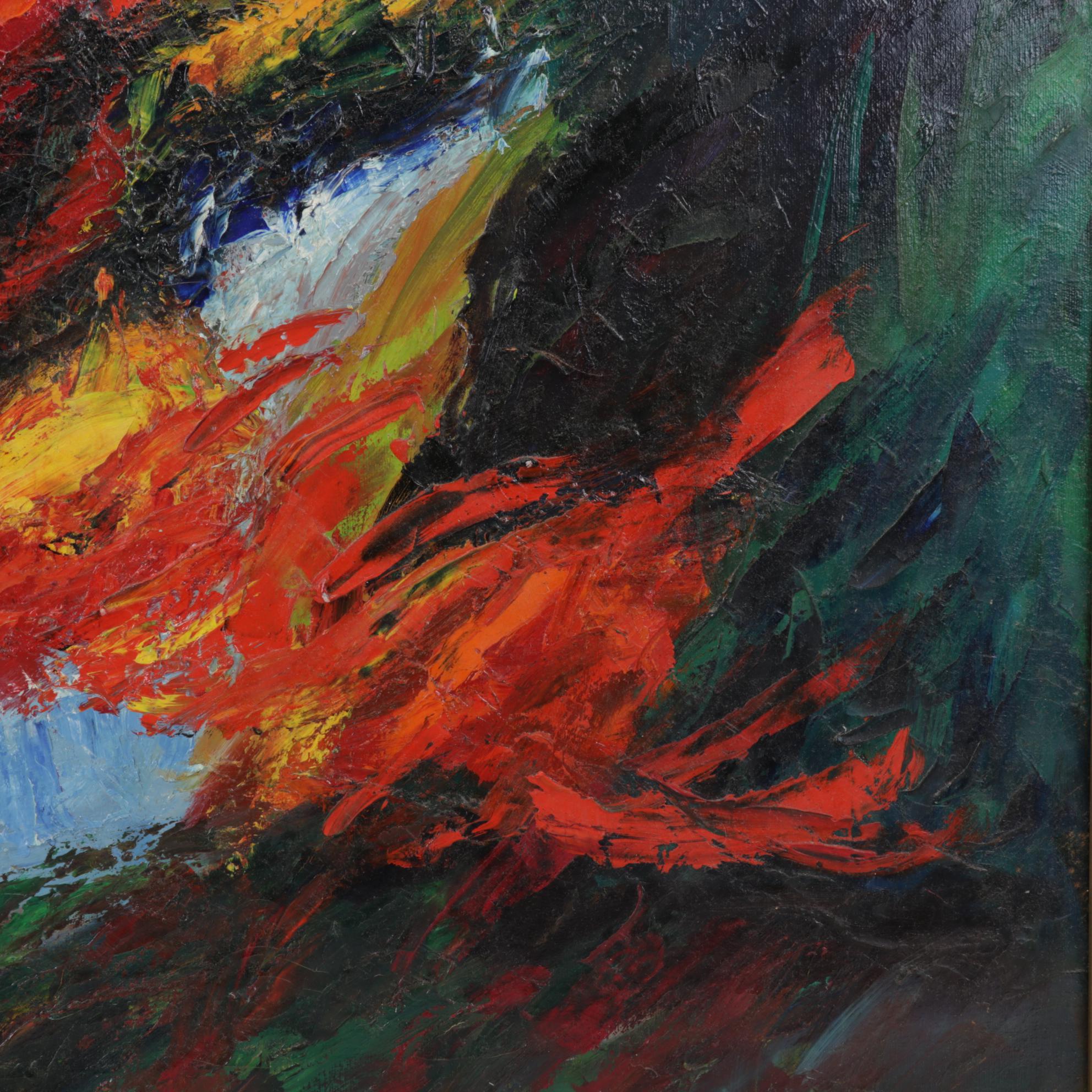 Henry Mog Folk Art Oil Painting of Orange Bird, Circa 1965