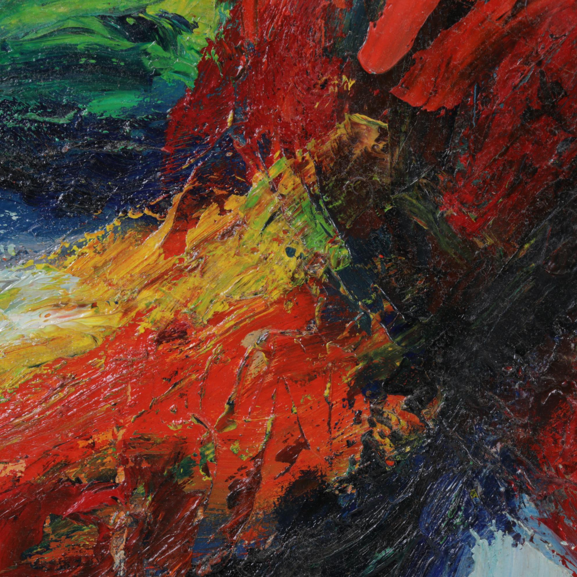 Henry Mog Folk Art Oil Painting of Orange Bird, Circa 1965