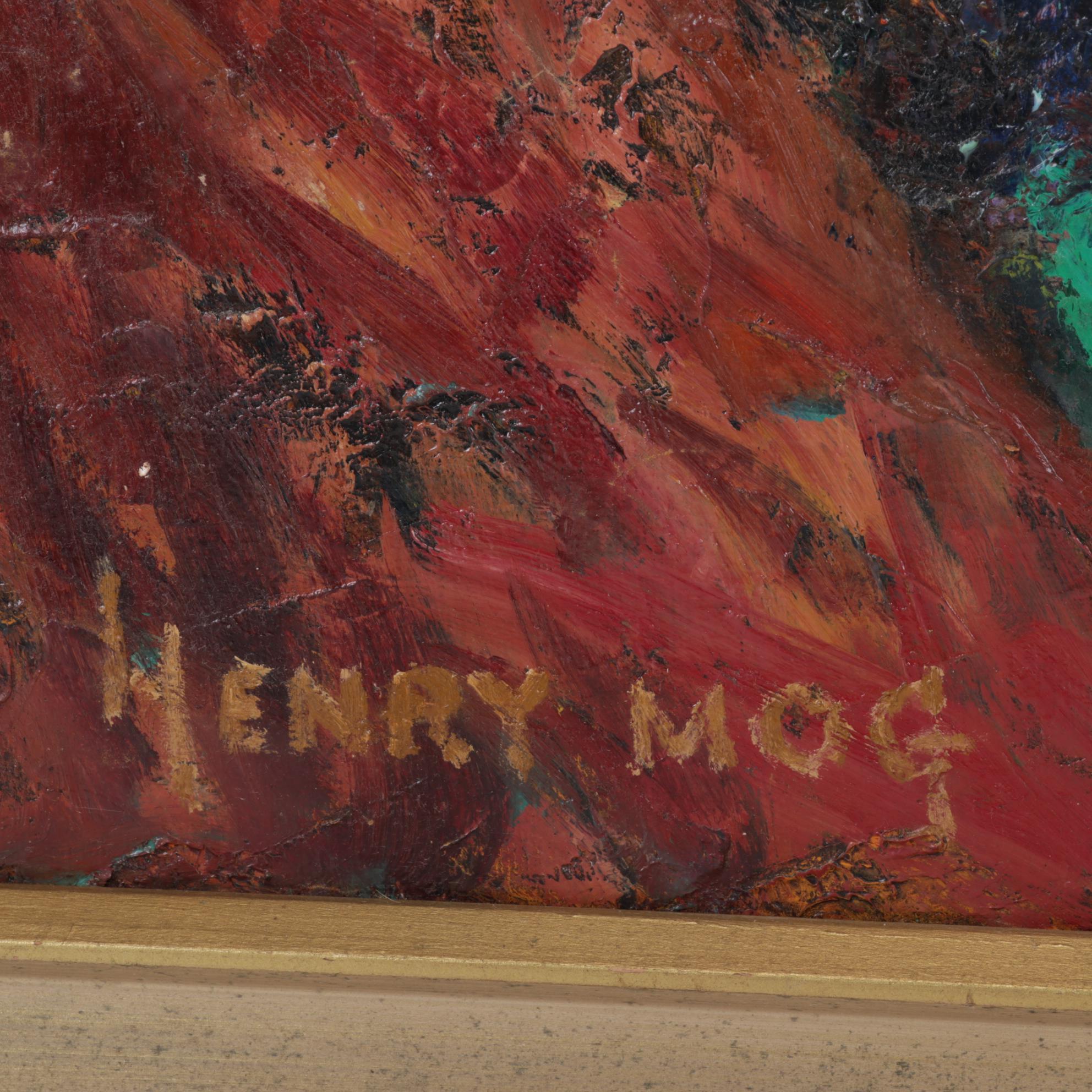 Henry Mog Folk Art Oil Painting of Orange Bird, Circa 1965