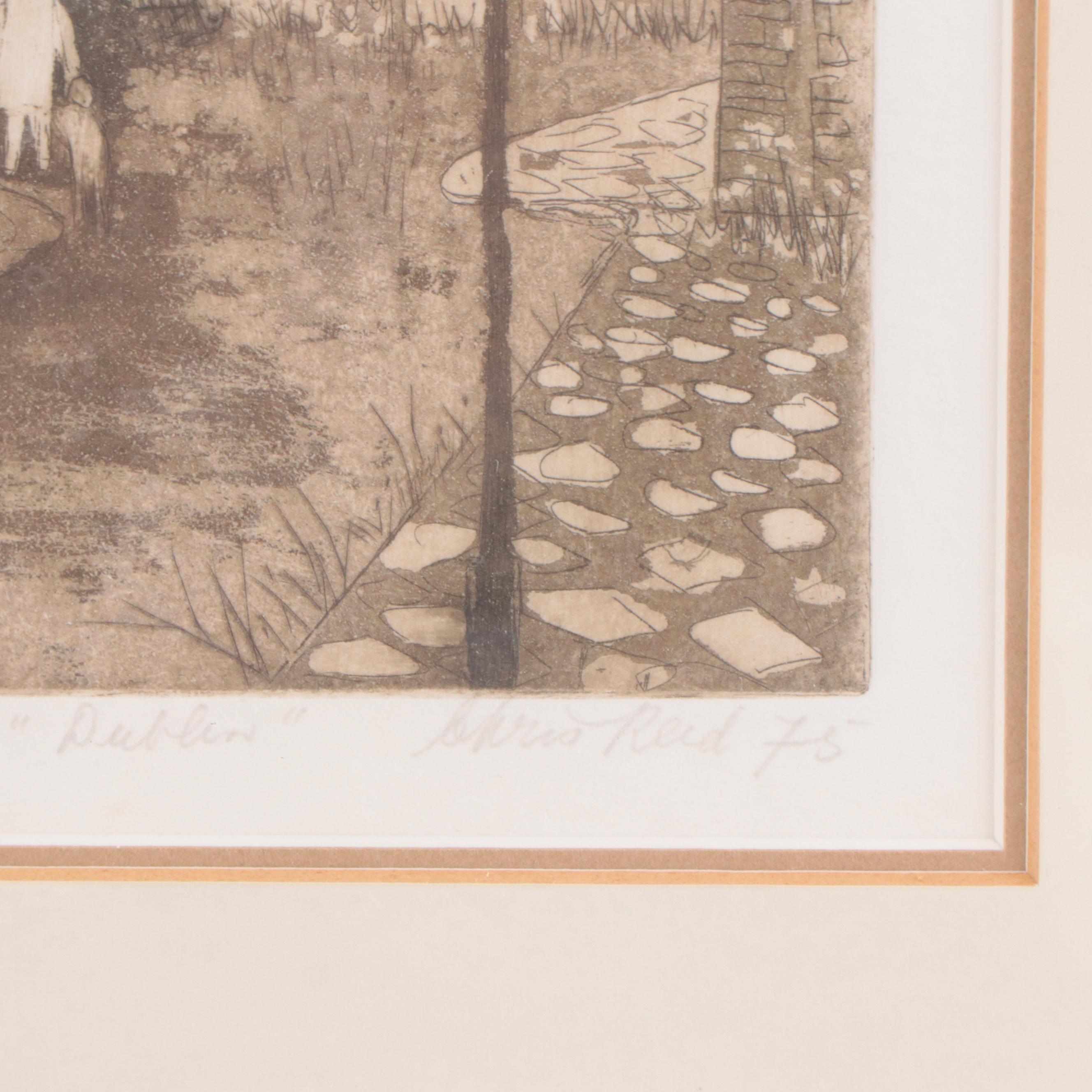 Chris Reid Etching of Figures in Cityscape "Dublin," 1975