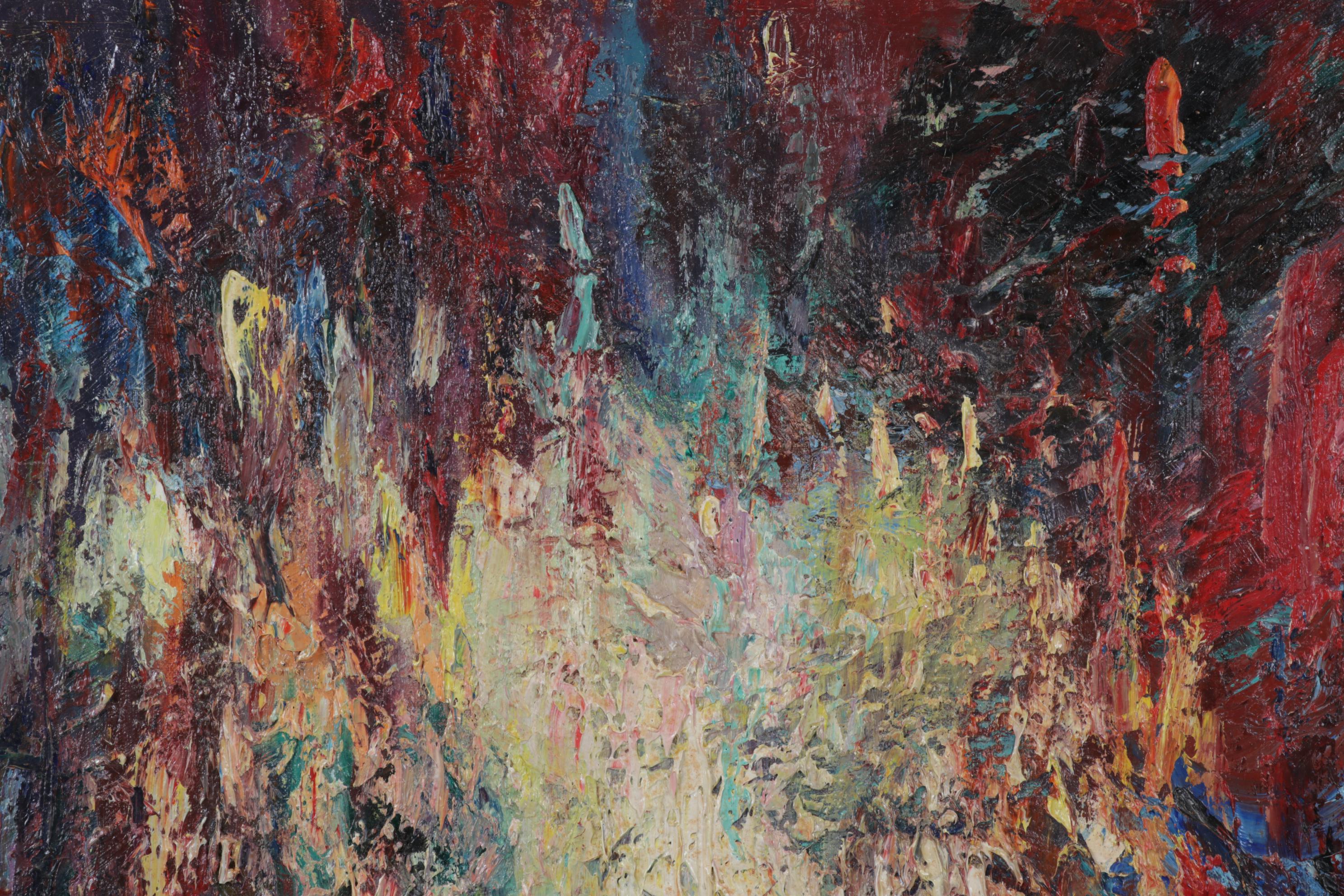 Henry Mog Folk Art Impasto Oil Painting of Market Scene, Circa 1965