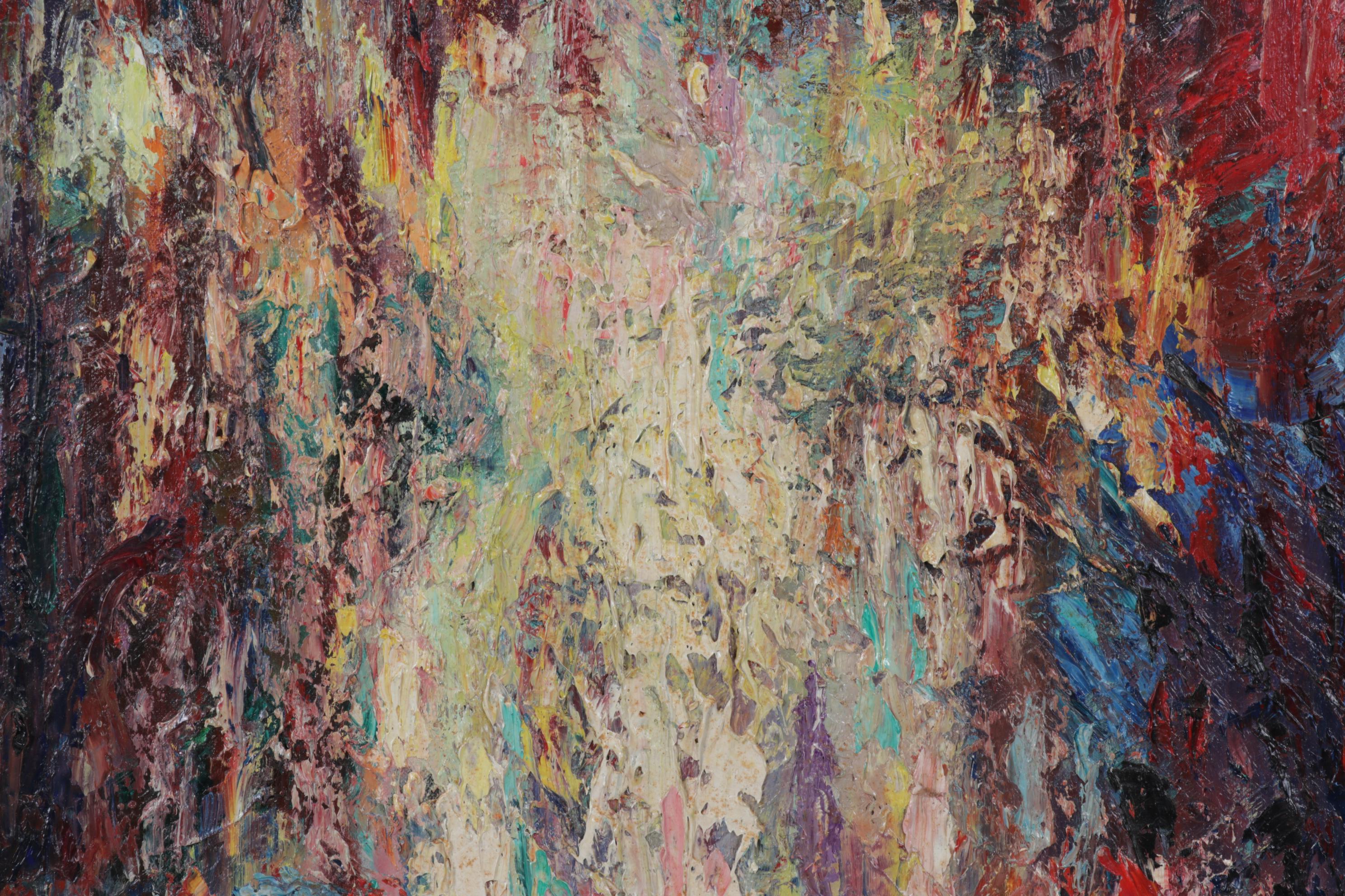 Henry Mog Folk Art Impasto Oil Painting of Market Scene, Circa 1965