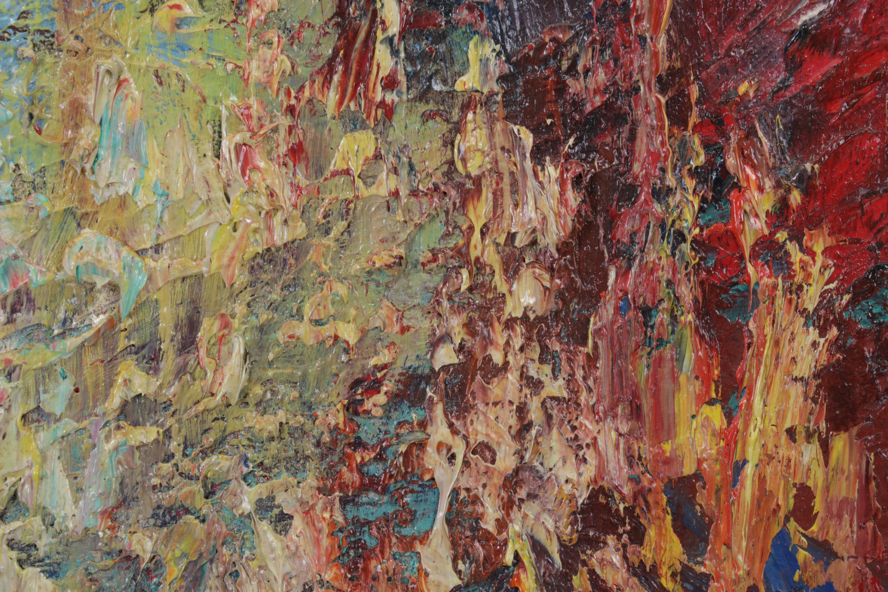 Henry Mog Folk Art Impasto Oil Painting of Market Scene, Circa 1965