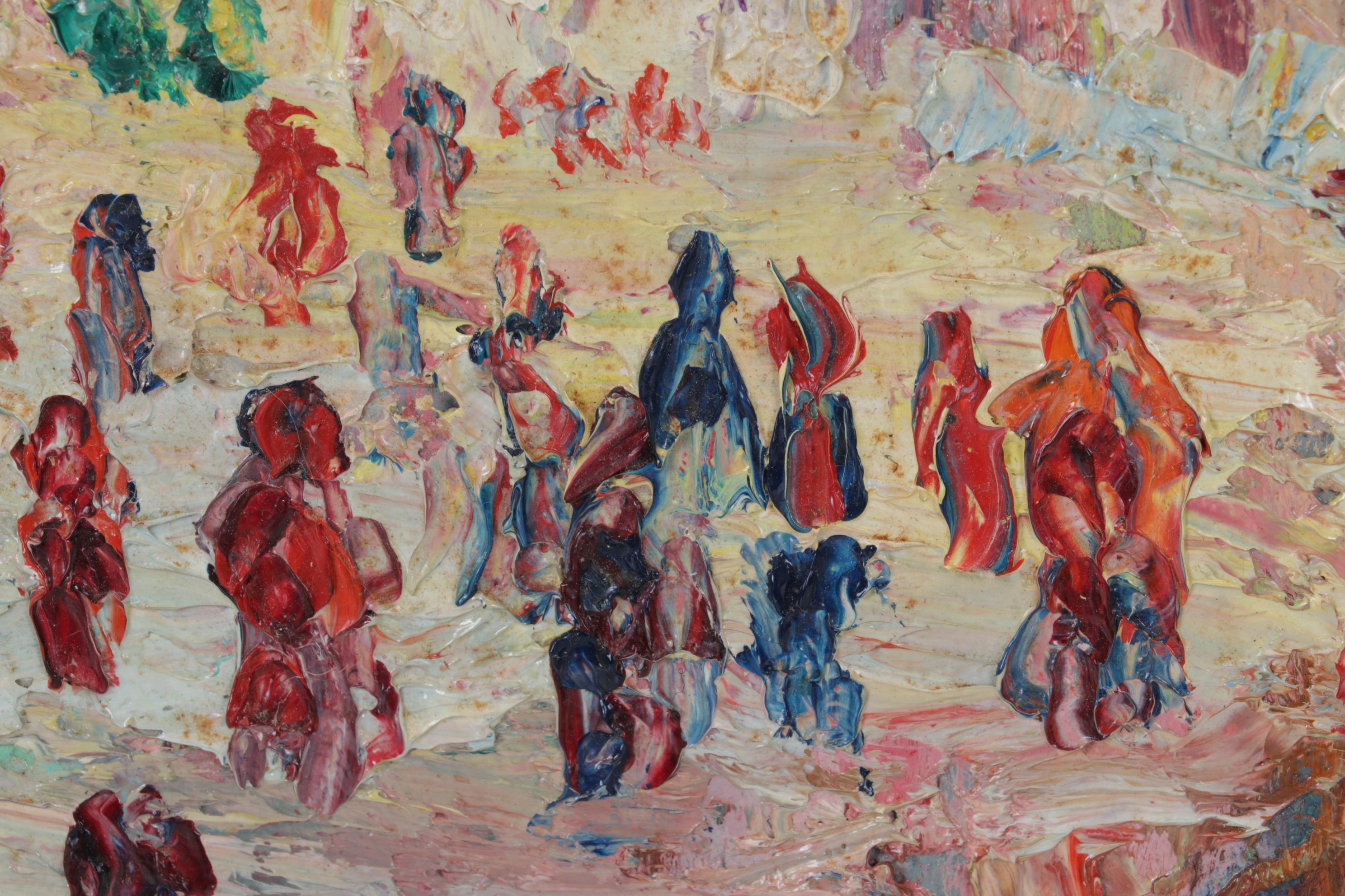 Henry Mog Folk Art Impasto Oil Painting of Market Scene, Circa 1965