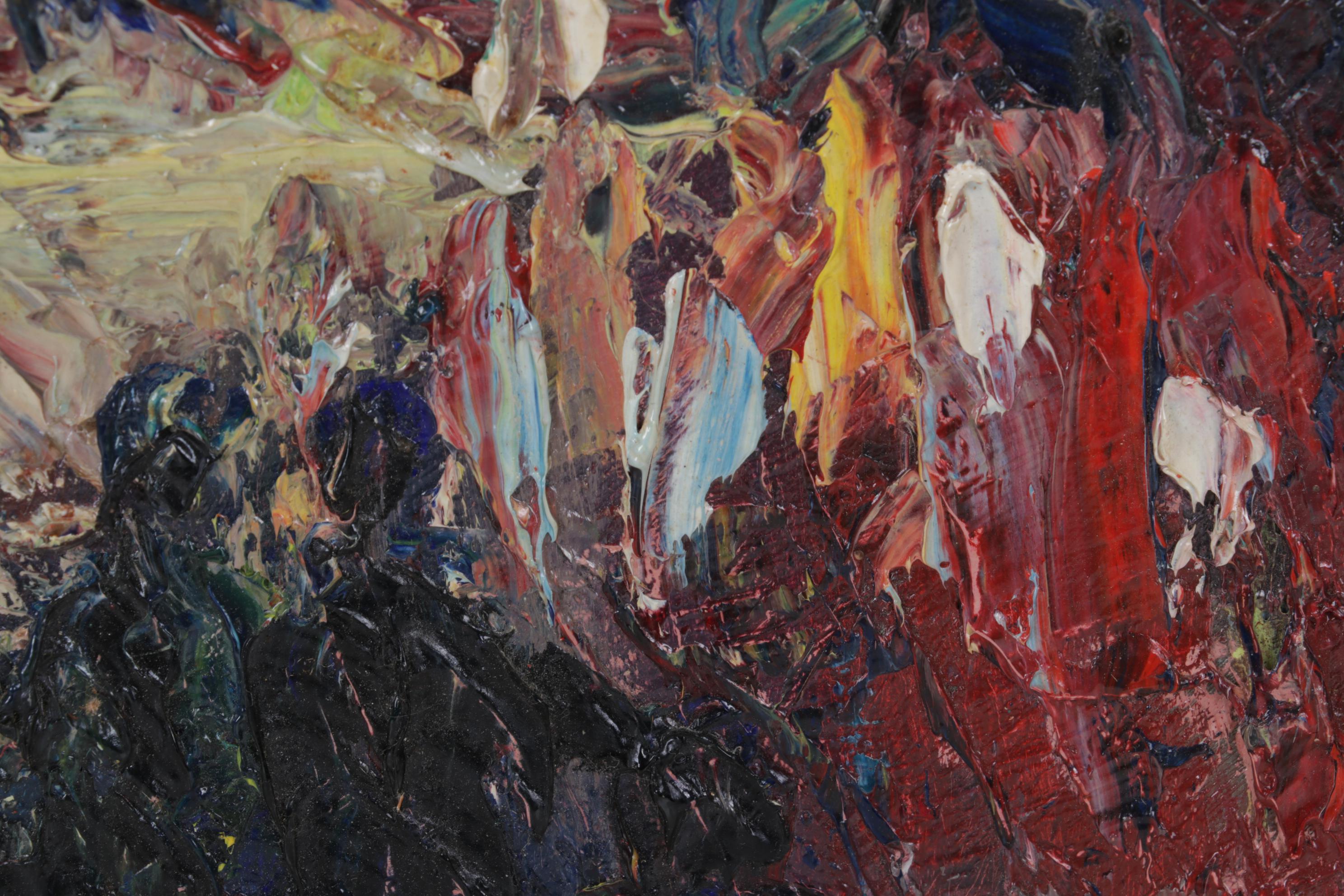 Henry Mog Folk Art Impasto Oil Painting of Market Scene, Circa 1965