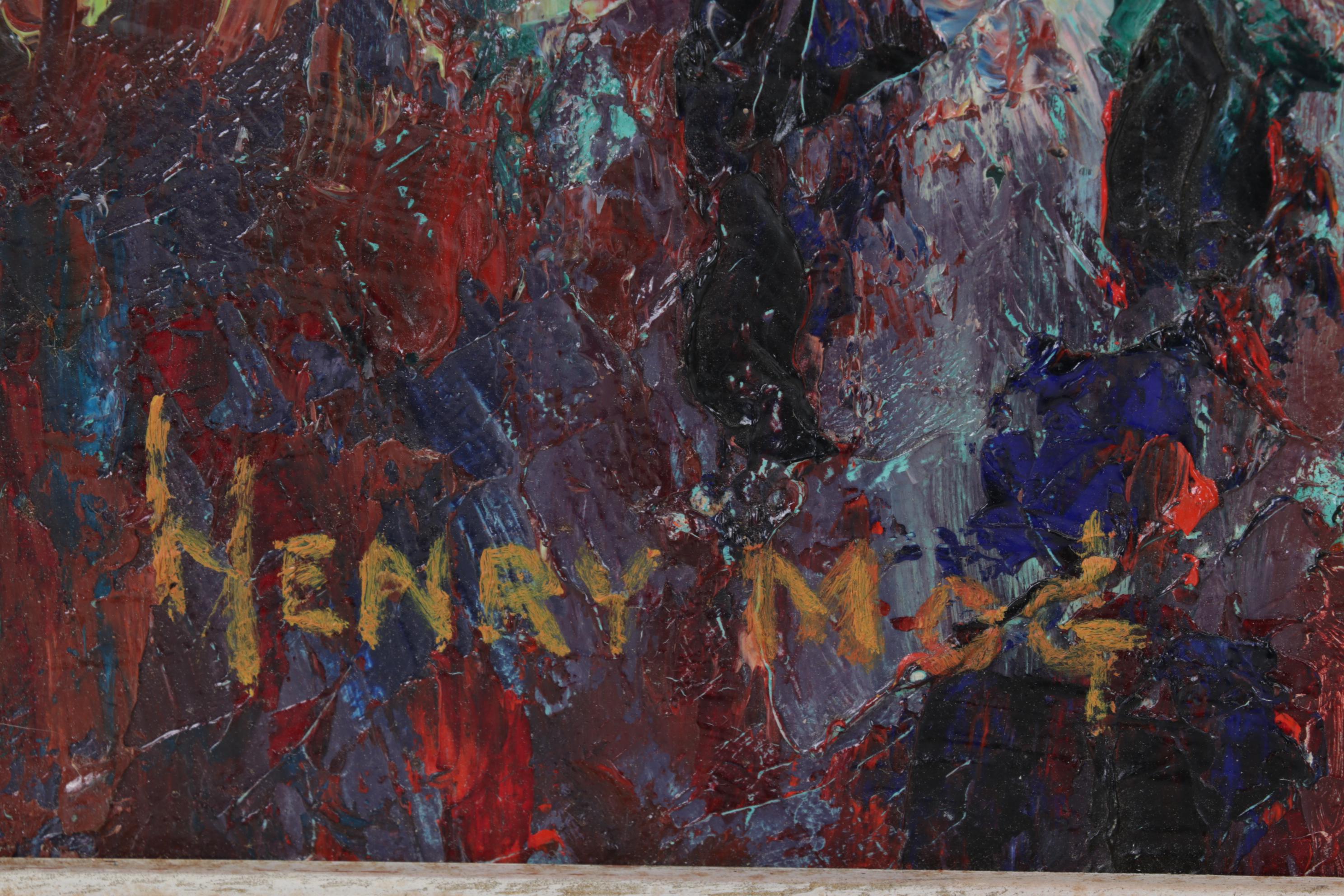 Henry Mog Folk Art Impasto Oil Painting of Market Scene, Circa 1965