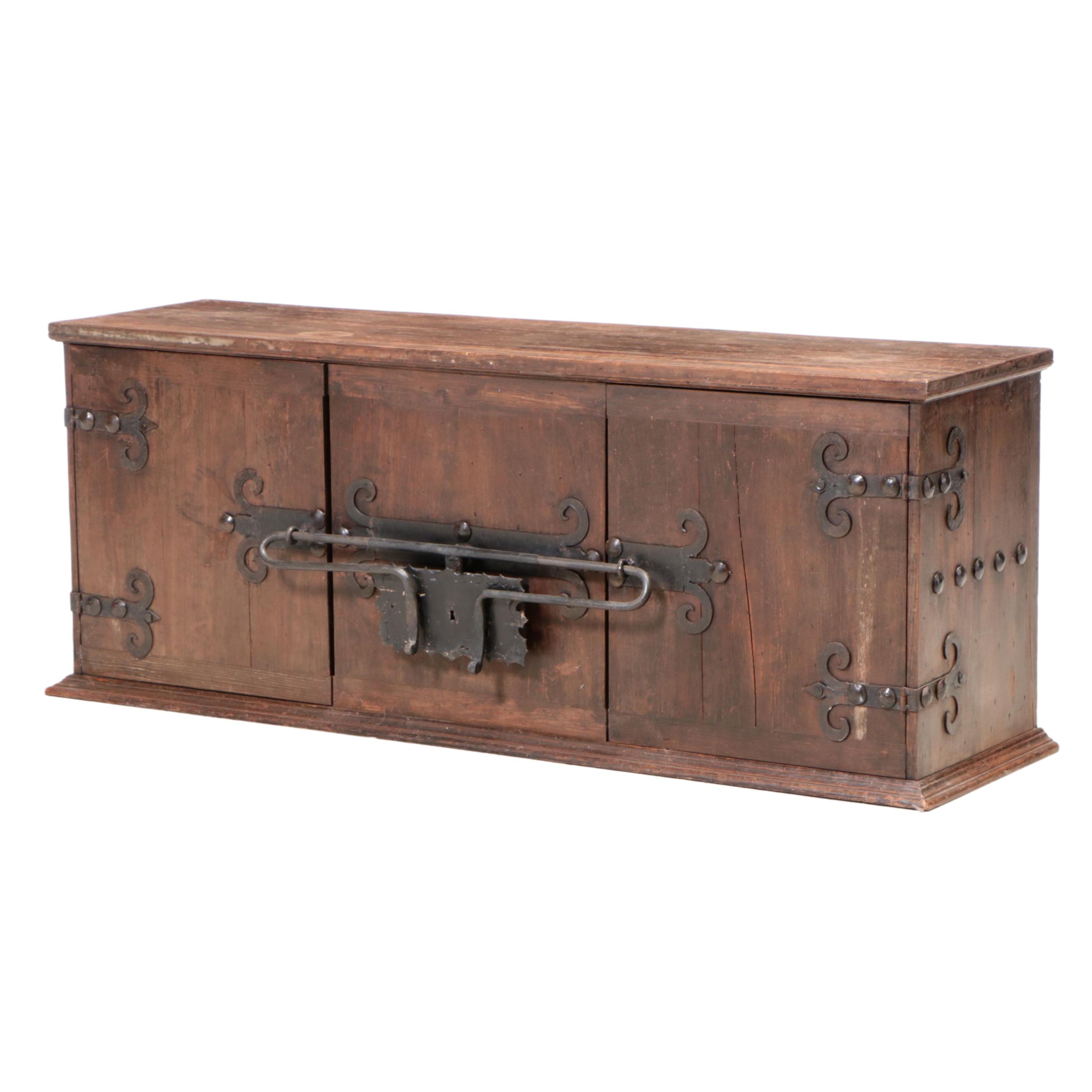 Spanish Colonial Style Chest with Front Bar Lock and Wrought Iron Brackets