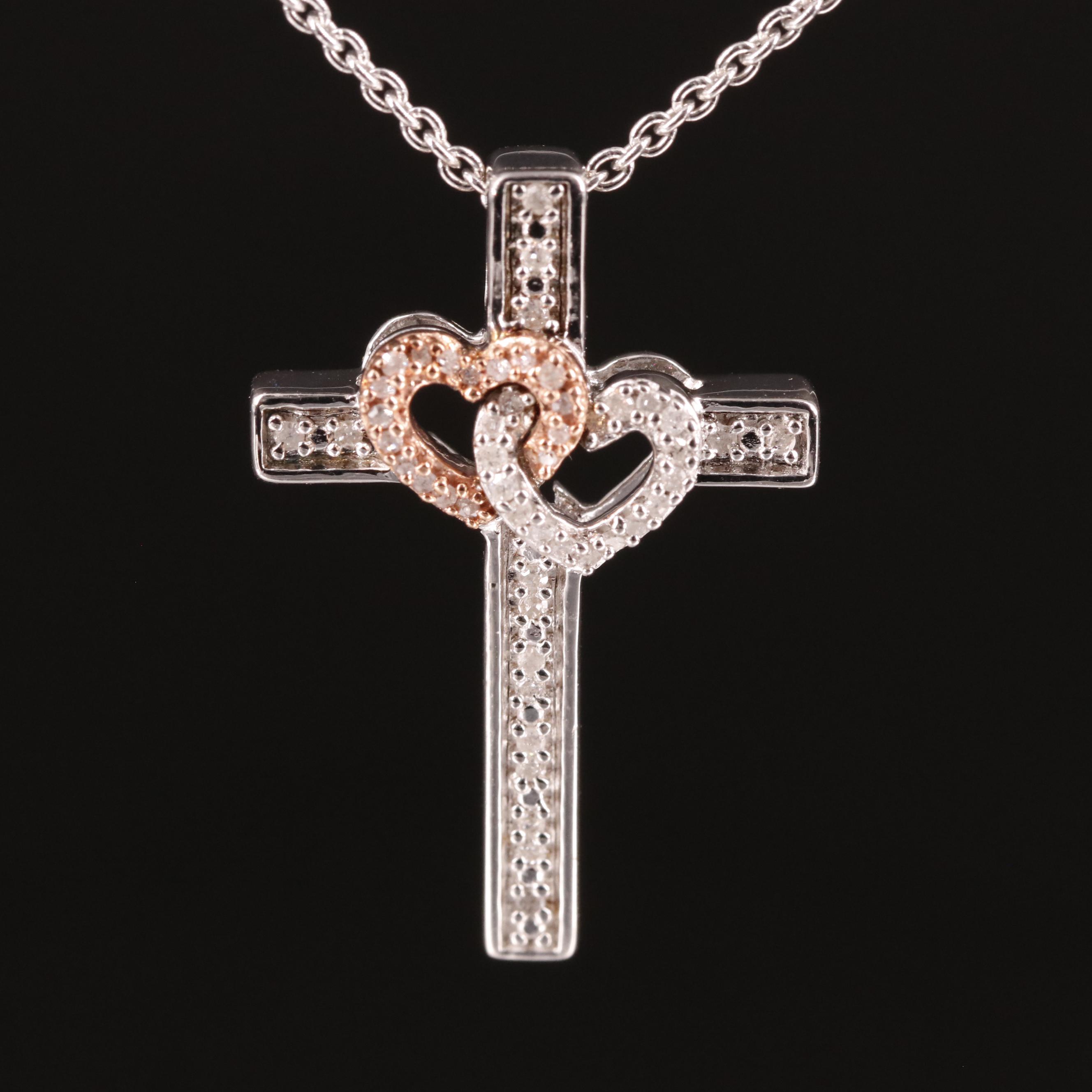 Sterling Diamond Double Heart Cross Pendant Necklace