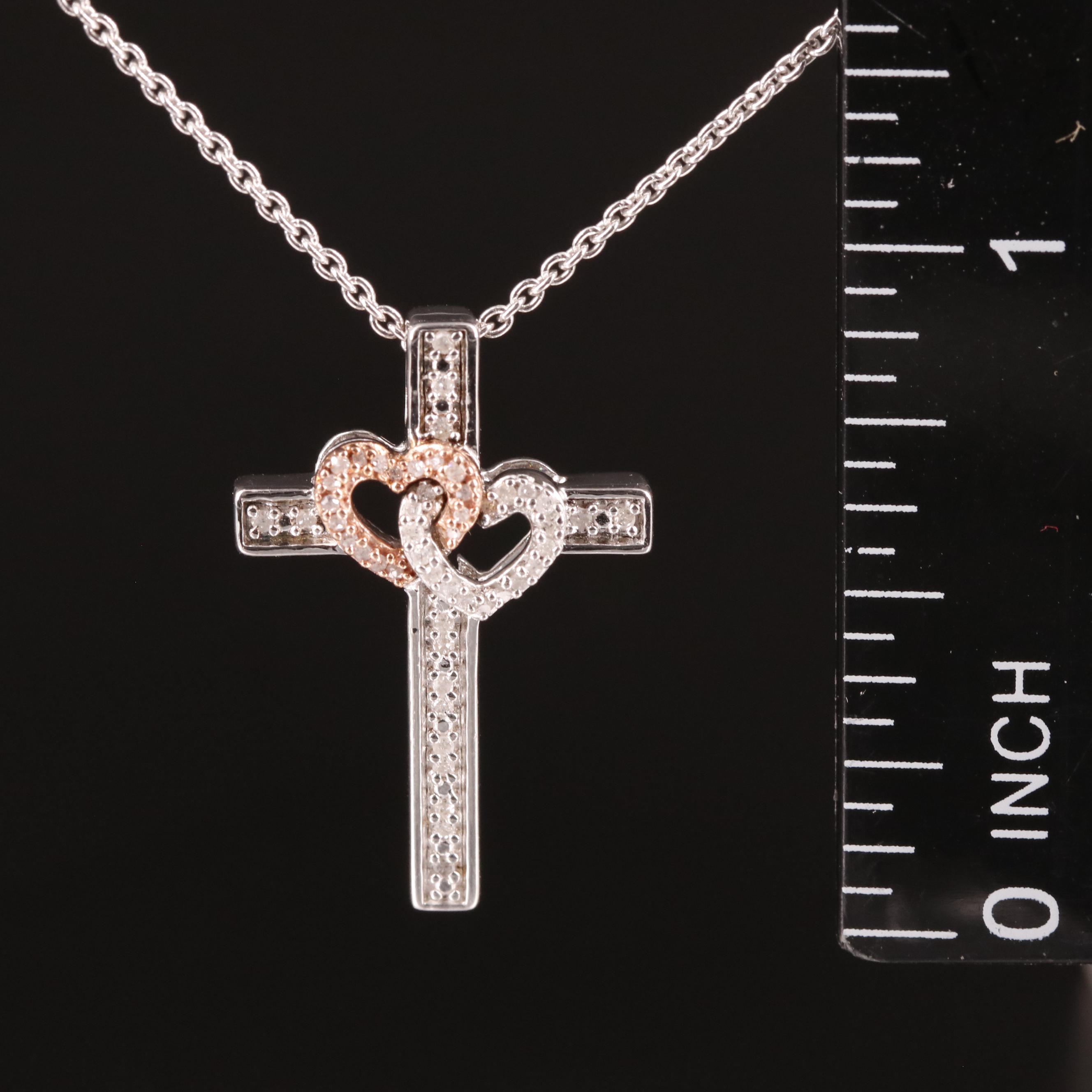 Sterling Diamond Double Heart Cross Pendant Necklace