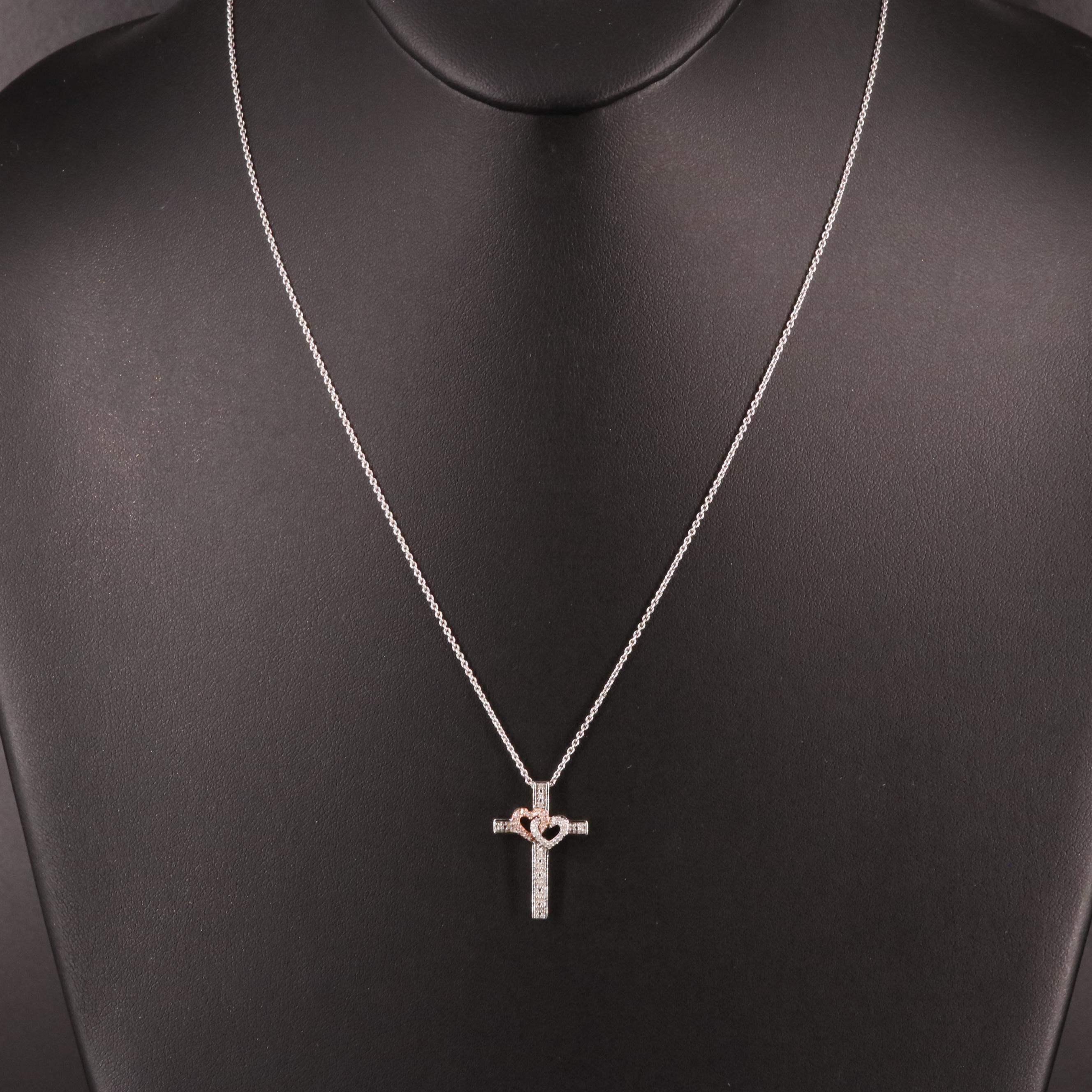 Sterling Diamond Double Heart Cross Pendant Necklace
