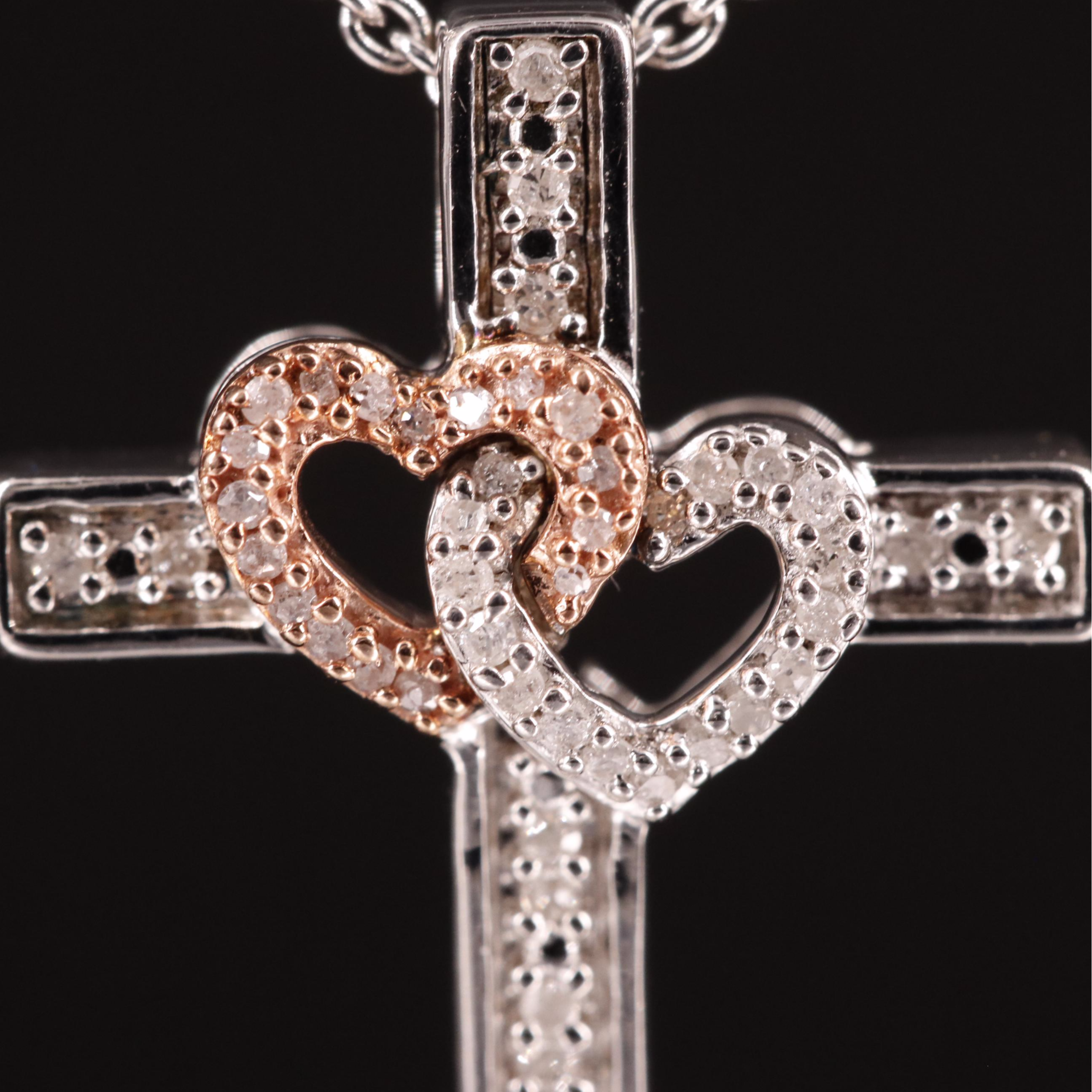 Sterling Diamond Double Heart Cross Pendant Necklace