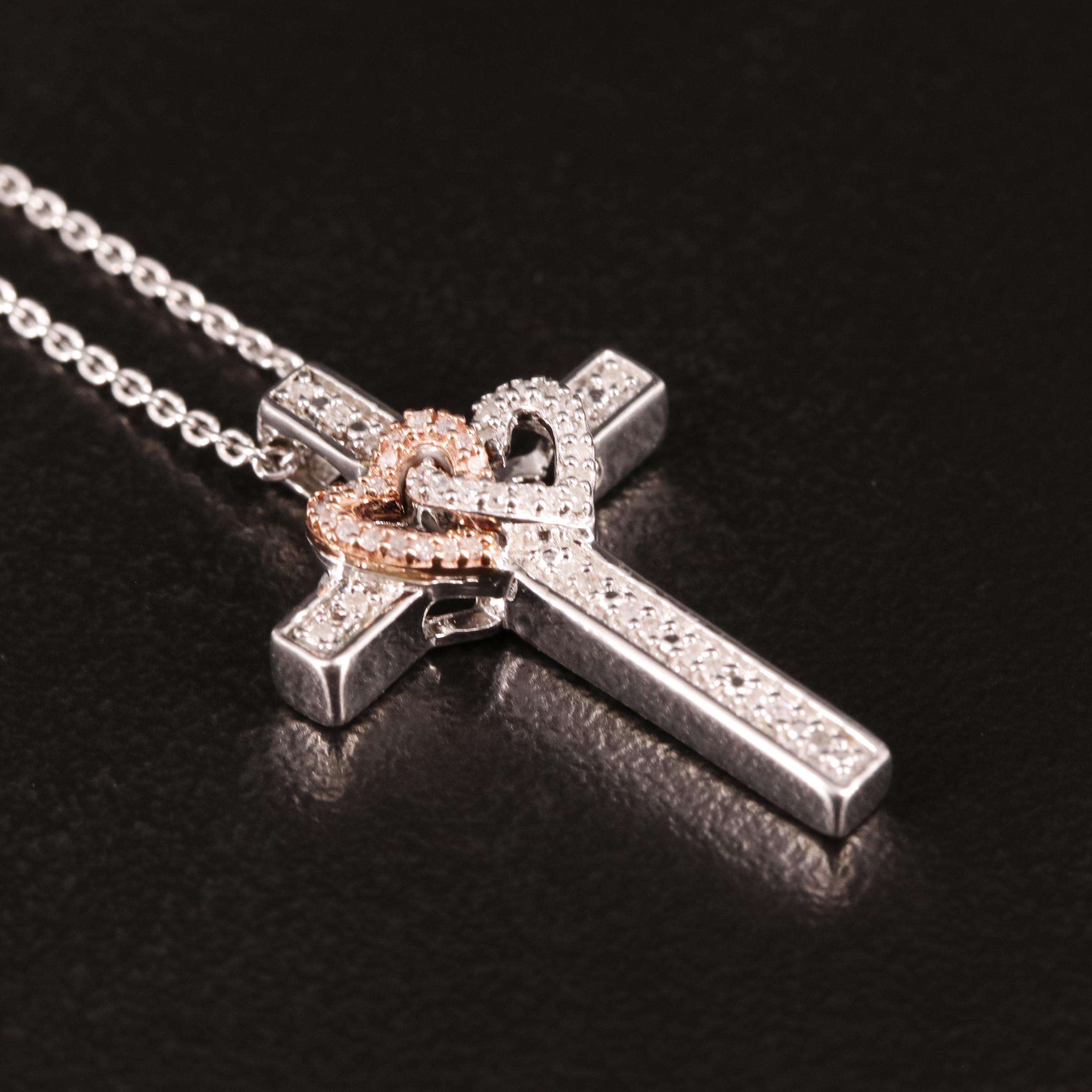 Sterling Diamond Double Heart Cross Pendant Necklace