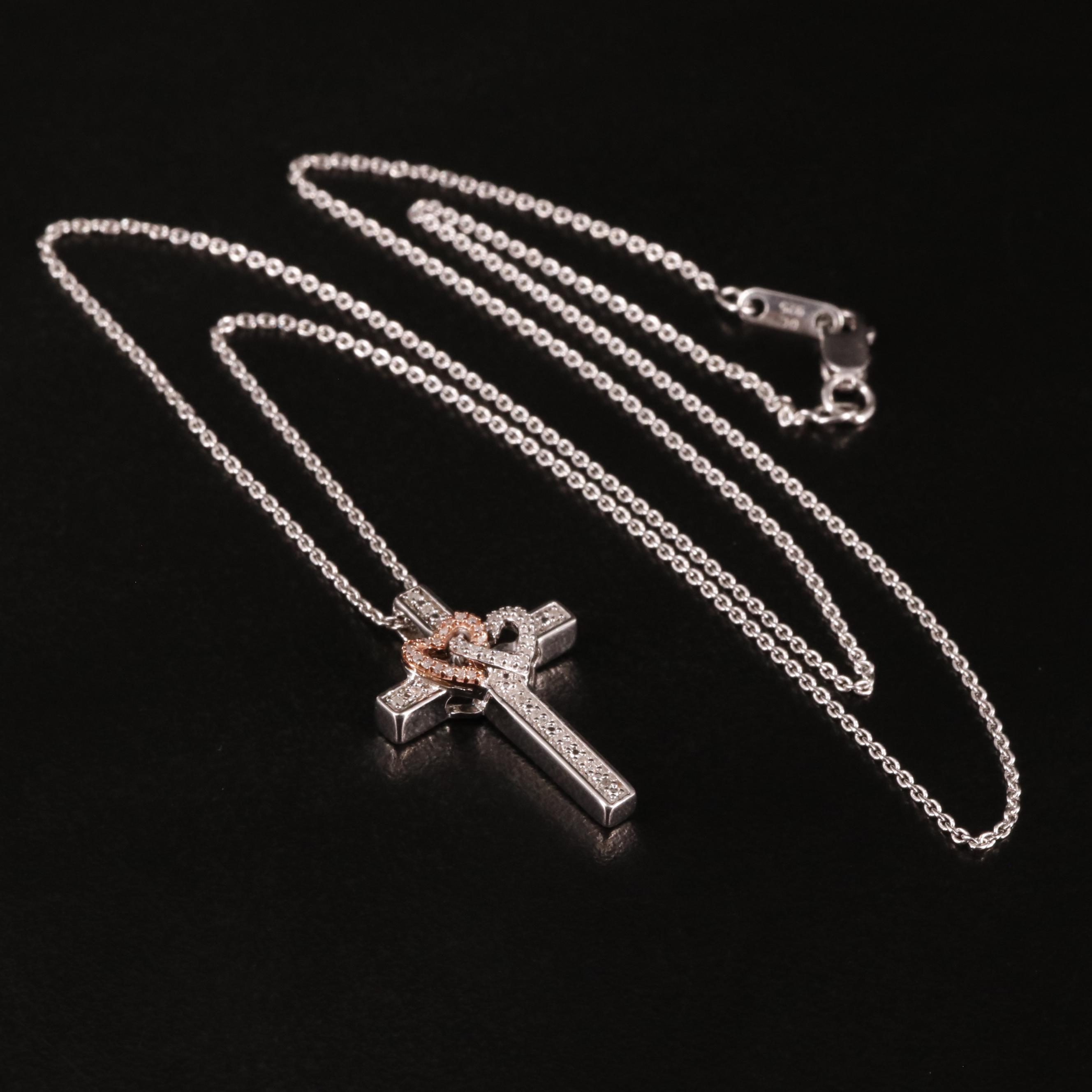 Sterling Diamond Double Heart Cross Pendant Necklace